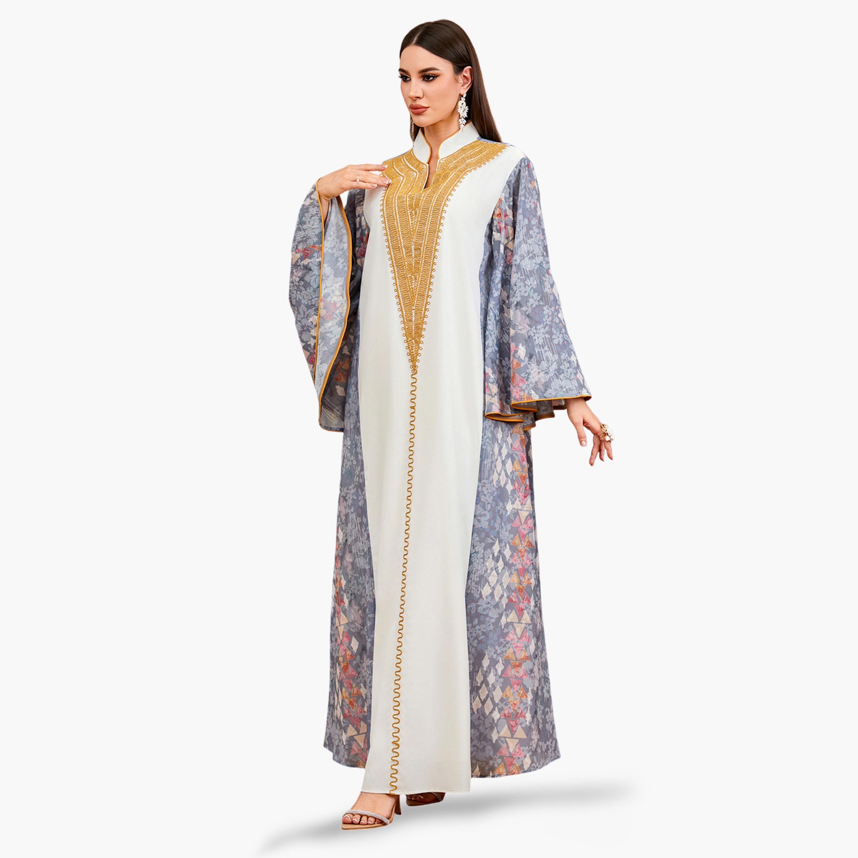 جلابية طويلة مطرزة وطبعة جرافيك متعدد الألوان-women-arabicclothing-jalabiyas-image-4