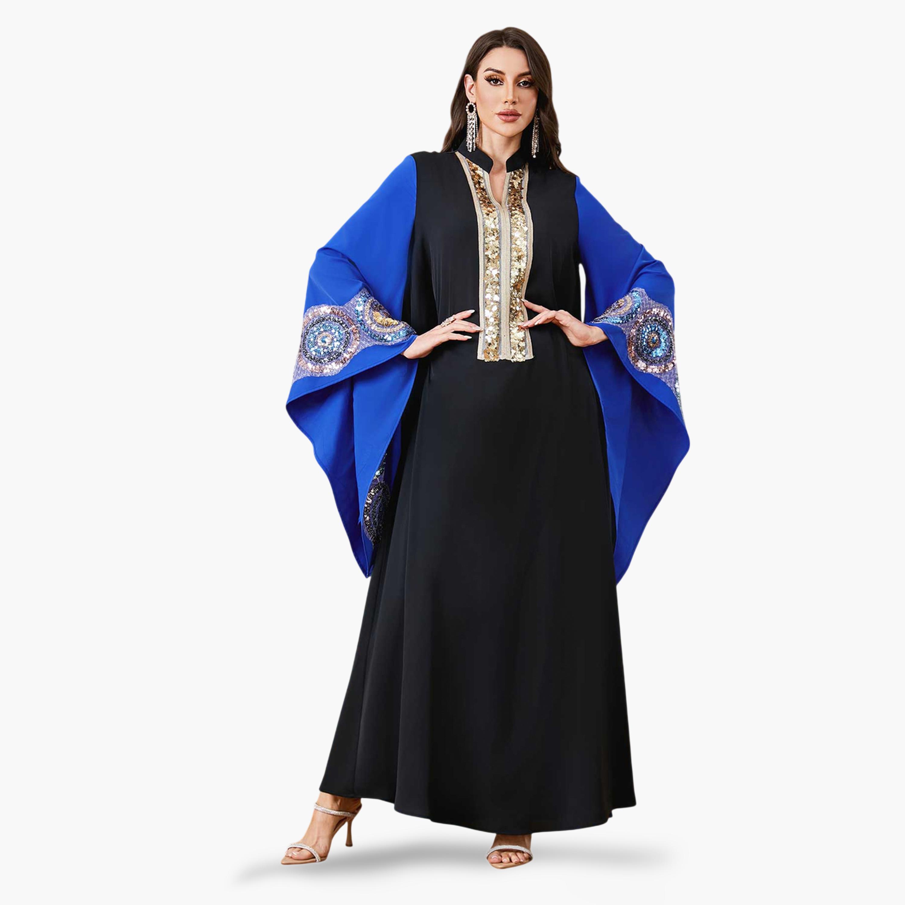 Take Two Black Sequin Embellished Maxi Jalabiya with Blue Batwing Sleeves-women-arabicclothing-jalabiyas-image-1