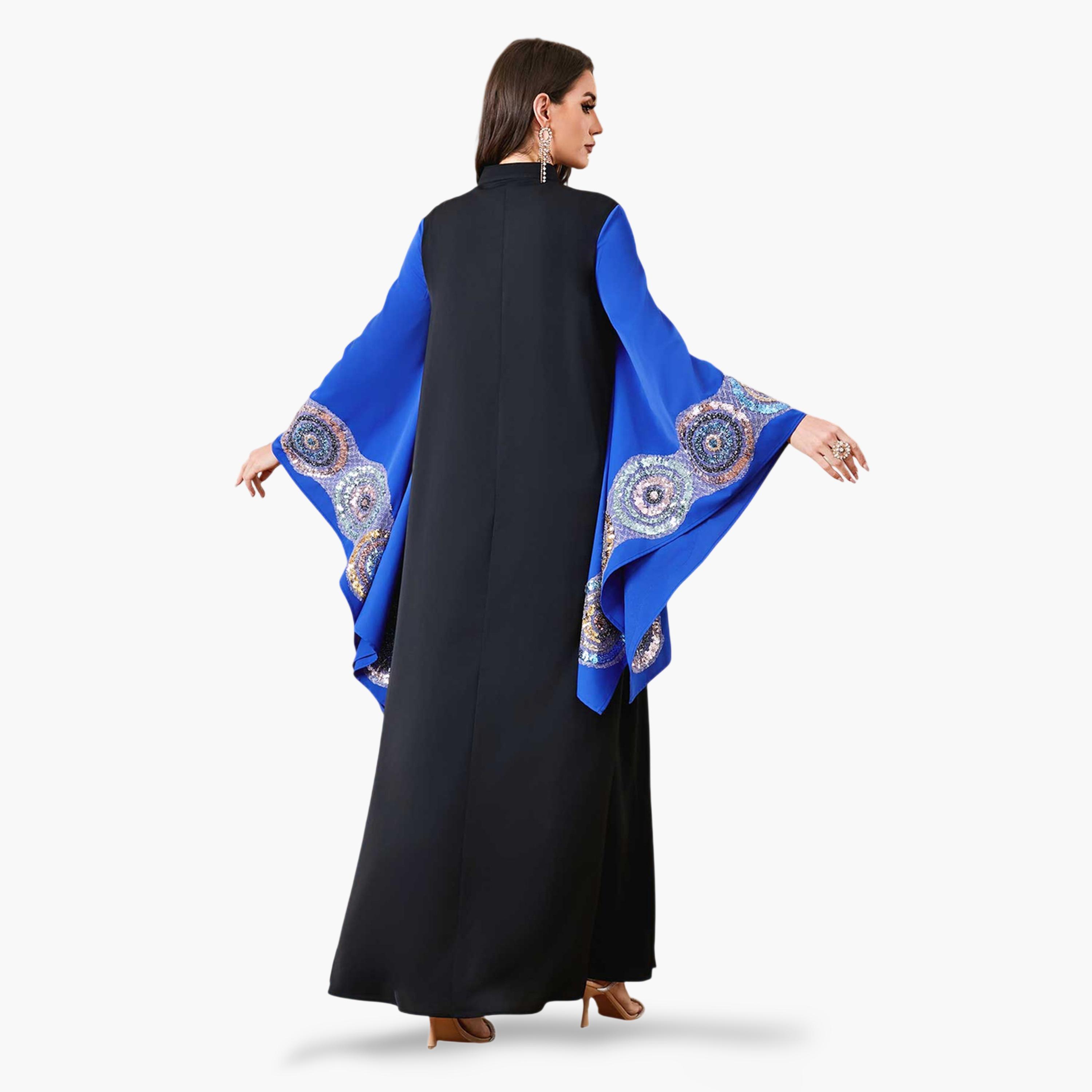 Take Two Black Sequin Embellished Maxi Jalabiya with Blue Batwing Sleeves-women-arabicclothing-jalabiyas-image-2
