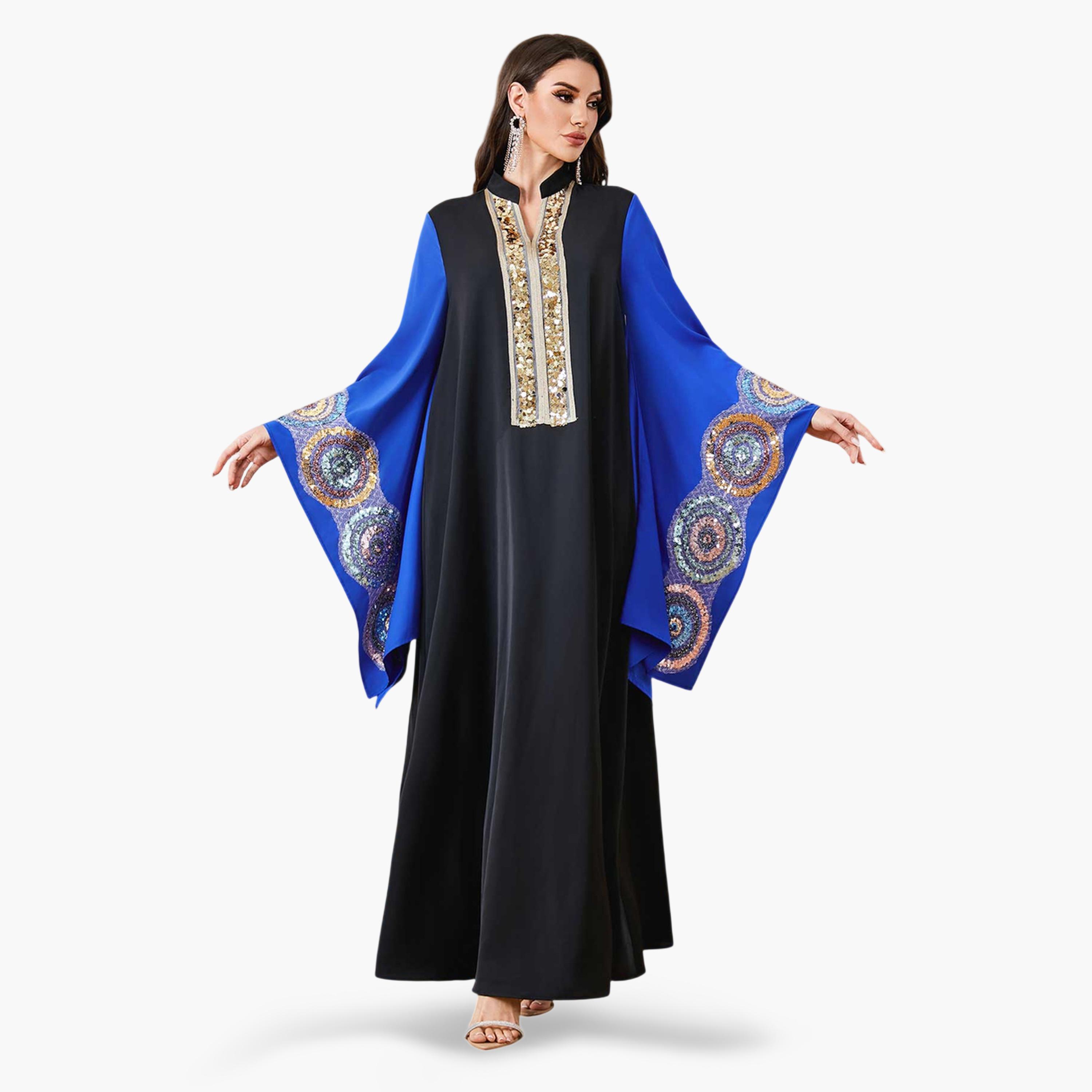 Take Two Black Sequin Embellished Maxi Jalabiya with Blue Batwing Sleeves-women-arabicclothing-jalabiyas-image-3