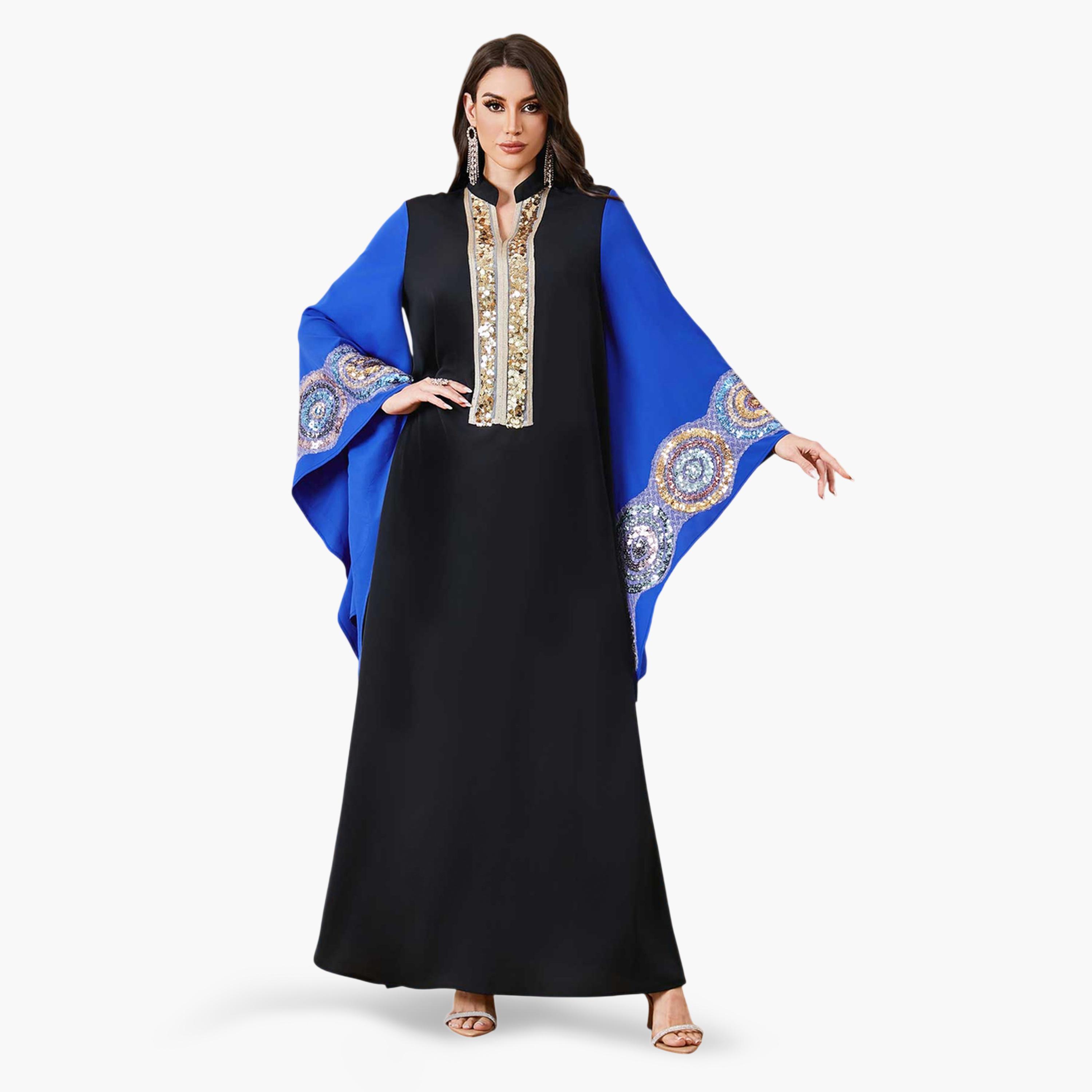 Take Two Black Sequin Embellished Maxi Jalabiya with Blue Batwing Sleeves-women-arabicclothing-jalabiyas-image-4