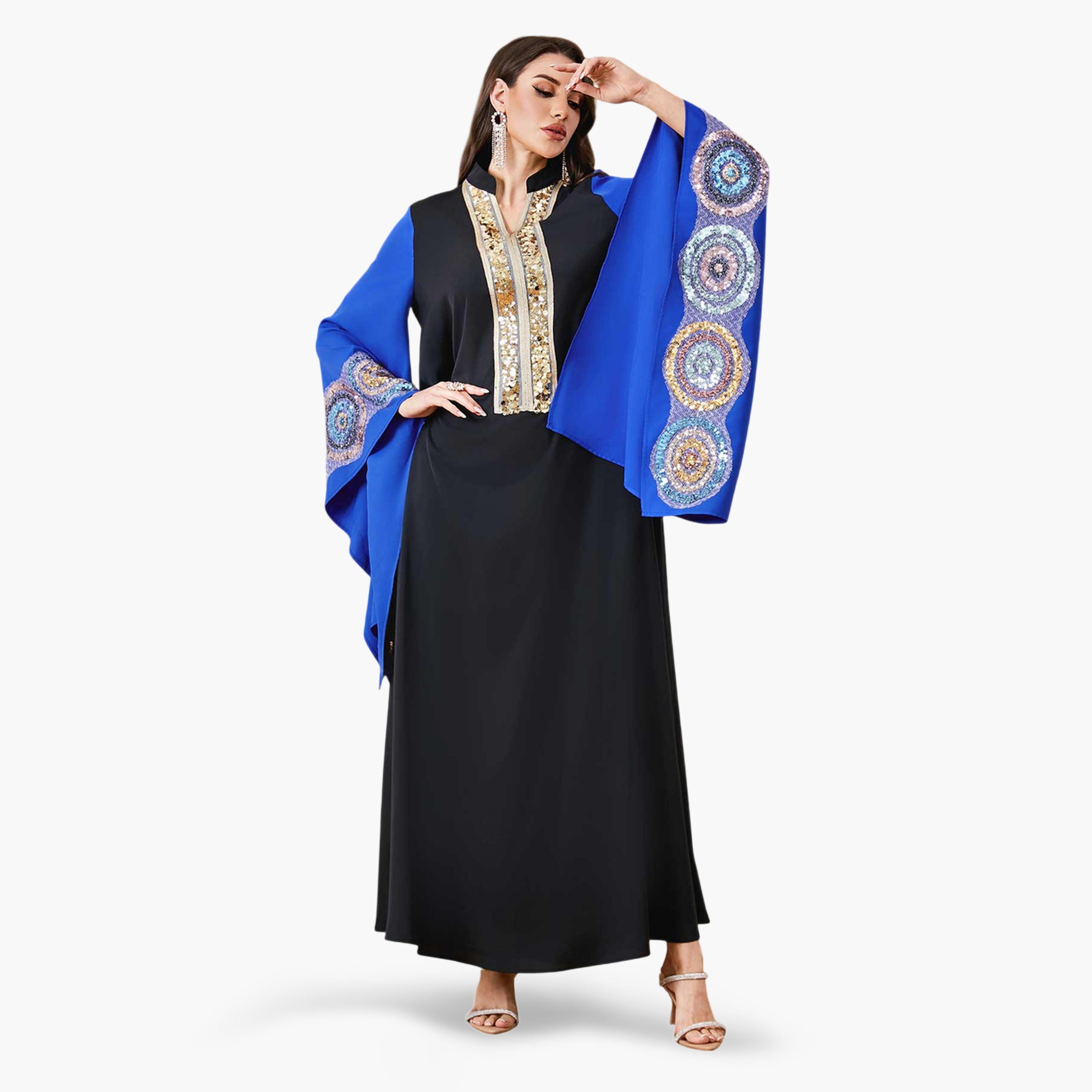 Take Two Black Sequin Embellished Maxi Jalabiya with Blue Batwing Sleeves-women-arabicclothing-jalabiyas-image-5