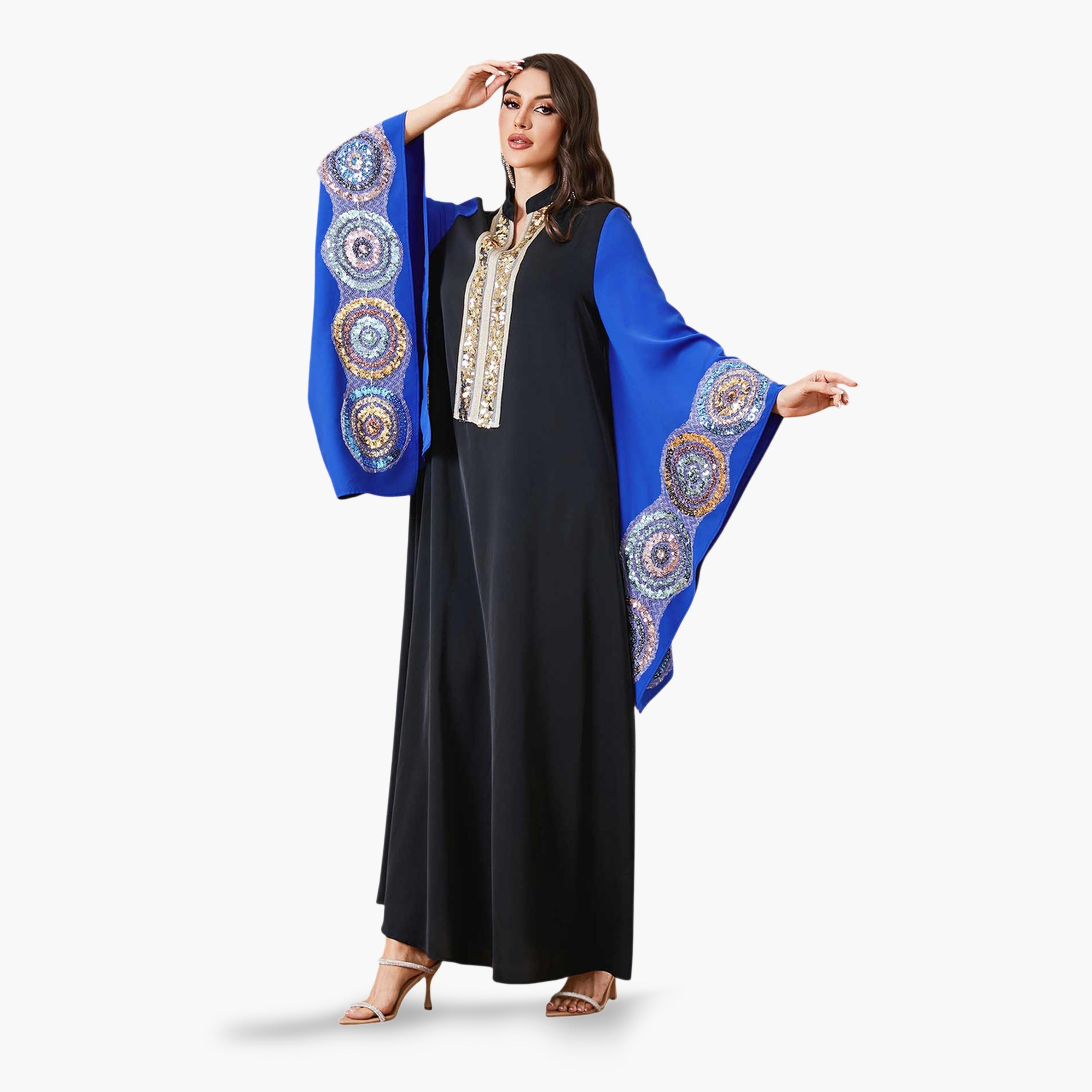 Take Two Black Sequin Embellished Maxi Jalabiya with Blue Batwing Sleeves-women-arabicclothing-jalabiyas-image-6