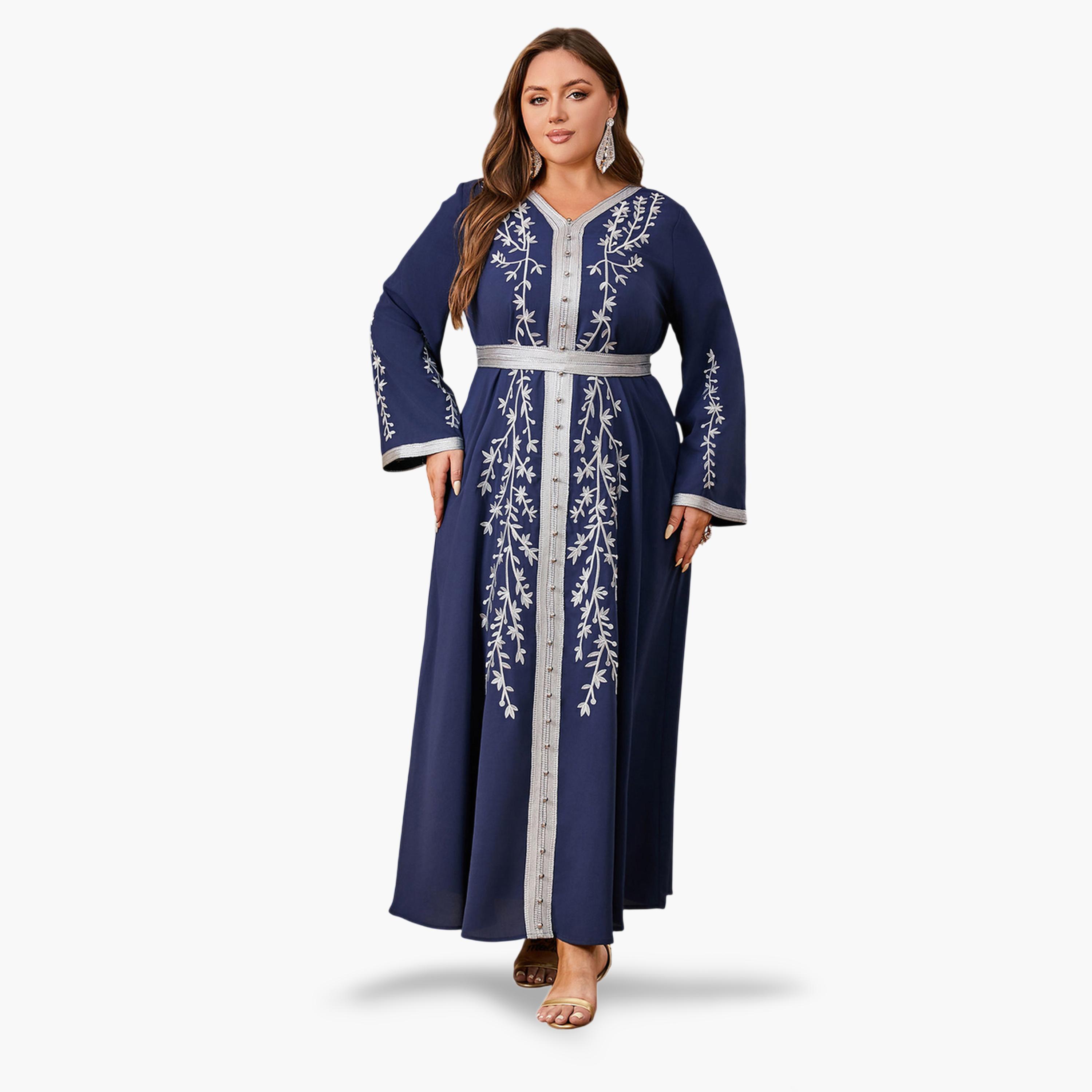 جلابية طويلة مطرزة بحزام مقاسات كبيرة لون كحلي-women-arabicclothing-jalabiyas-image-1