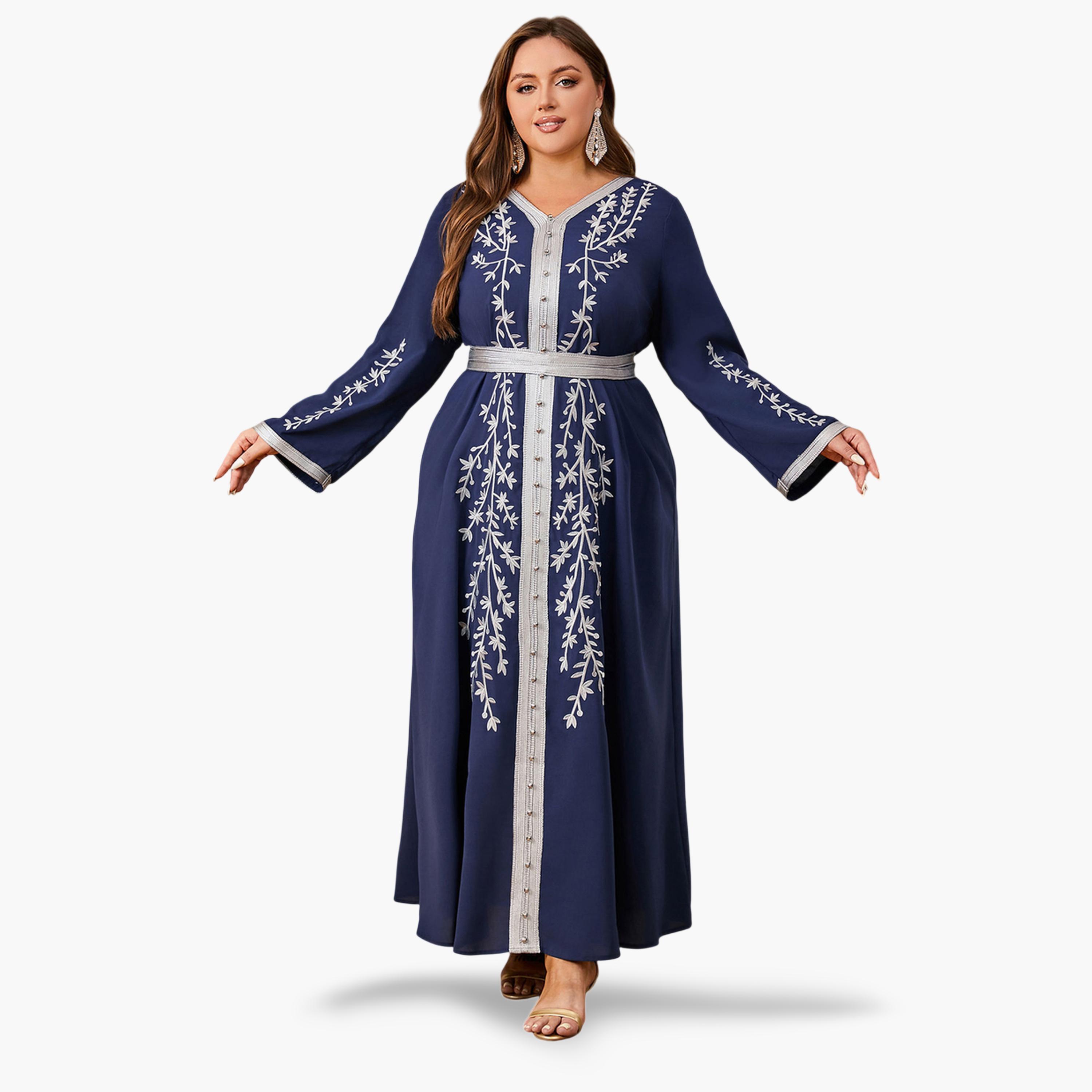 جلابية طويلة مطرزة بحزام مقاسات كبيرة لون كحلي-women-arabicclothing-jalabiyas-image-2