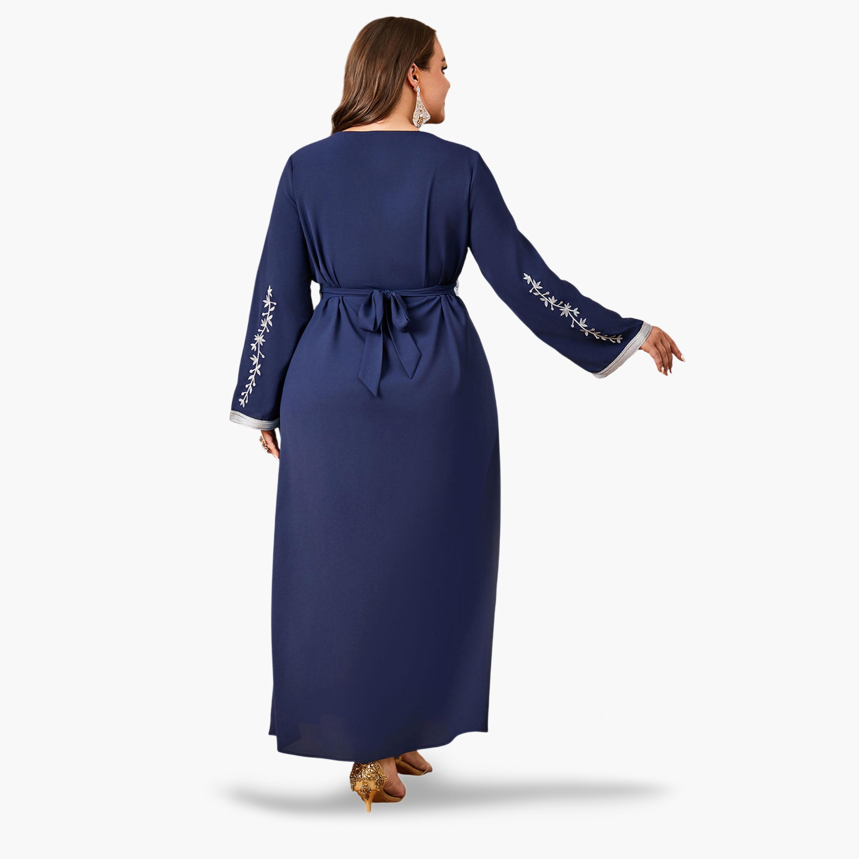 جلابية طويلة مطرزة بحزام مقاسات كبيرة لون كحلي-women-arabicclothing-jalabiyas-image-3