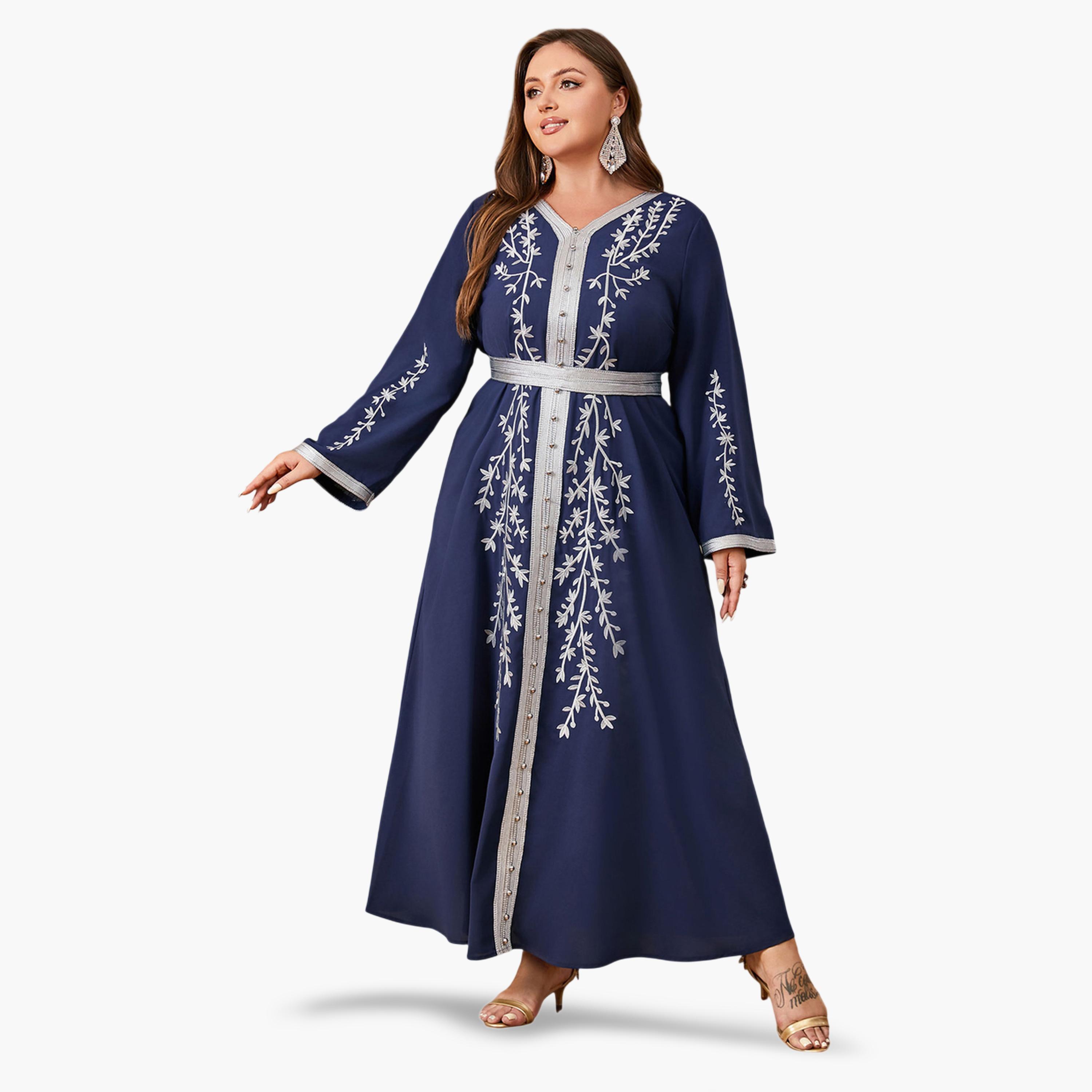 جلابية طويلة مطرزة بحزام مقاسات كبيرة لون كحلي-women-arabicclothing-jalabiyas-image-4