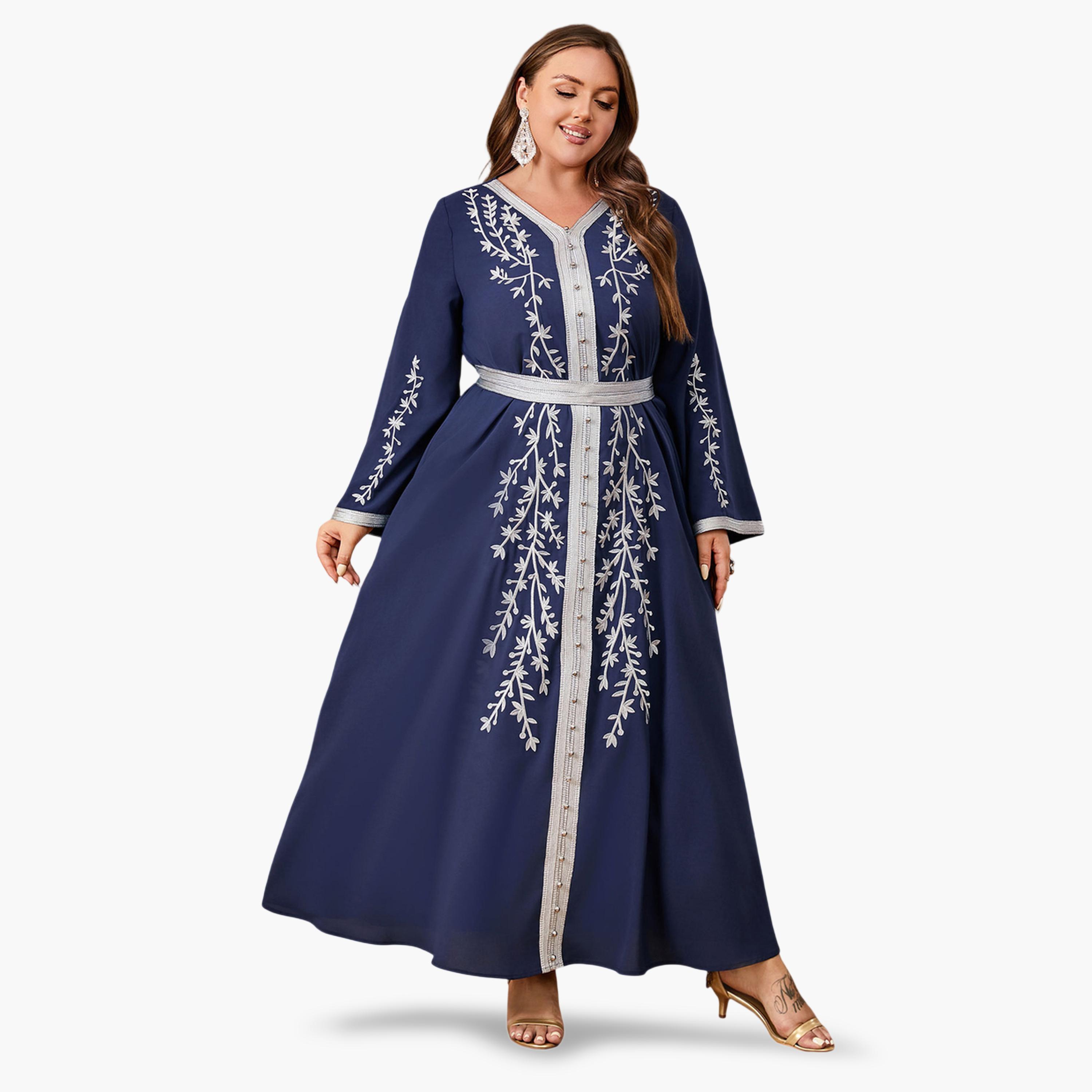 جلابية طويلة مطرزة بحزام مقاسات كبيرة لون كحلي-women-arabicclothing-jalabiyas-image-5
