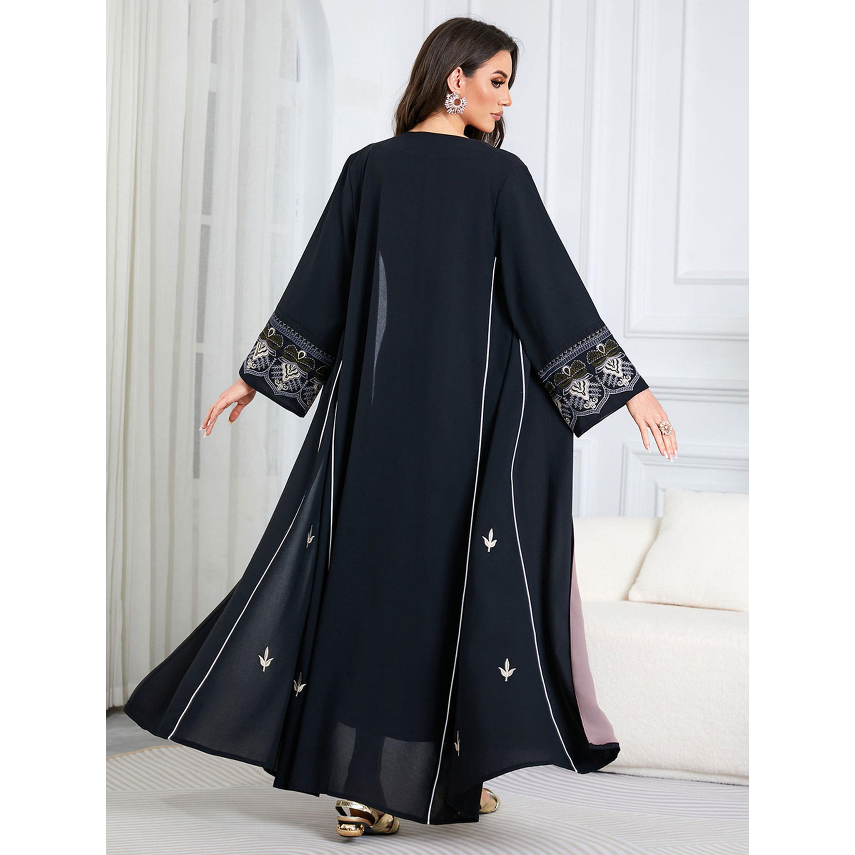 Take Two Black Embroidered Open Front Maxi Abaya-women-arabicclothing-abayas-image-2