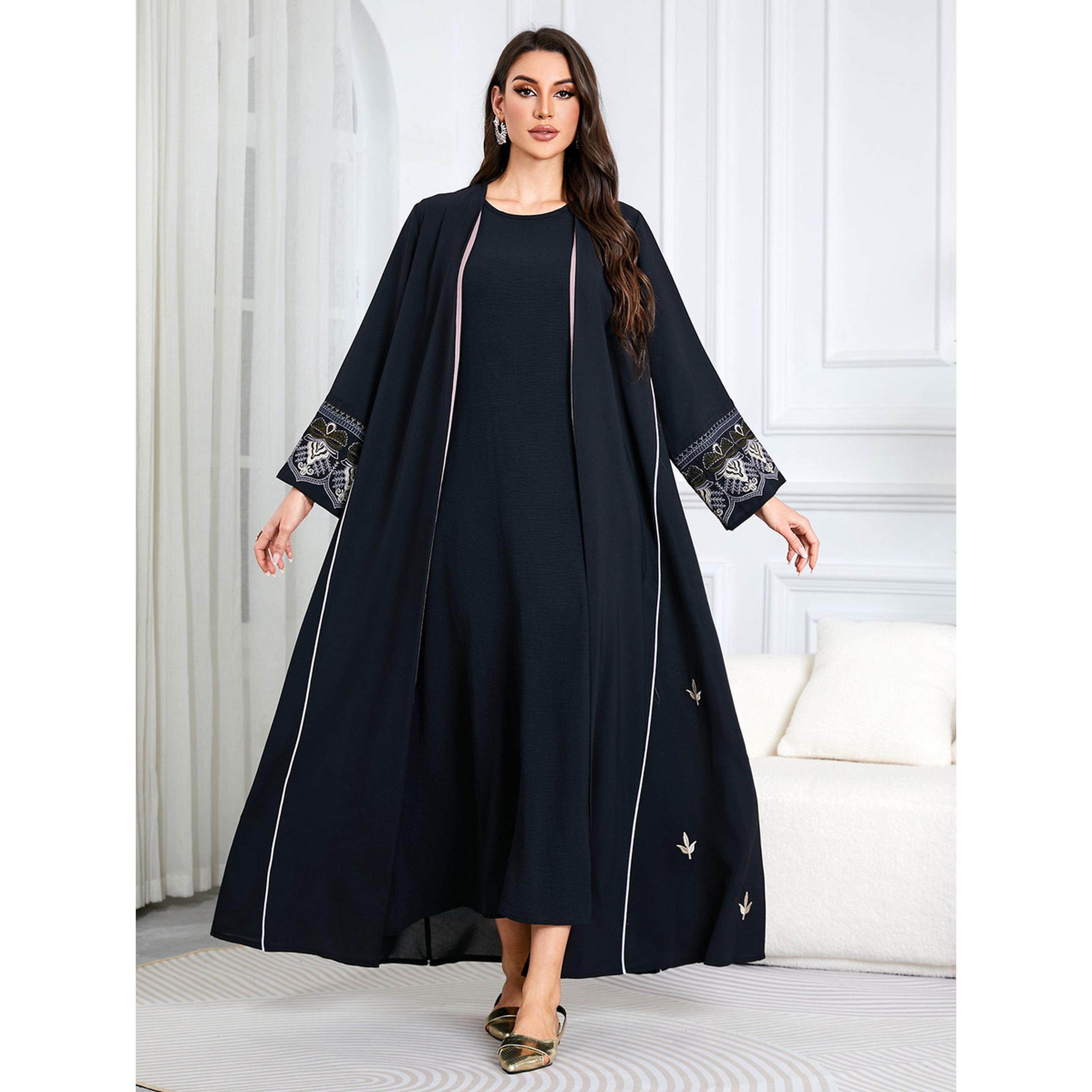 Take Two Black Embroidered Open Front Maxi Abaya-women-arabicclothing-abayas-image-4