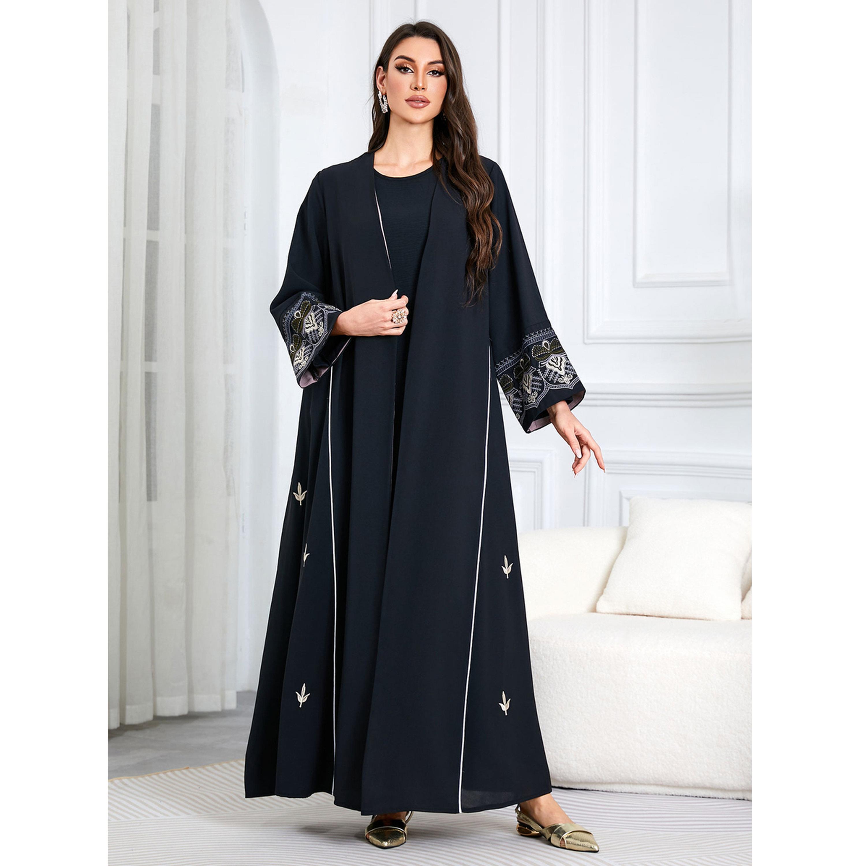 Take Two Black Embroidered Open Front Maxi Abaya-women-arabicclothing-abayas-image-5