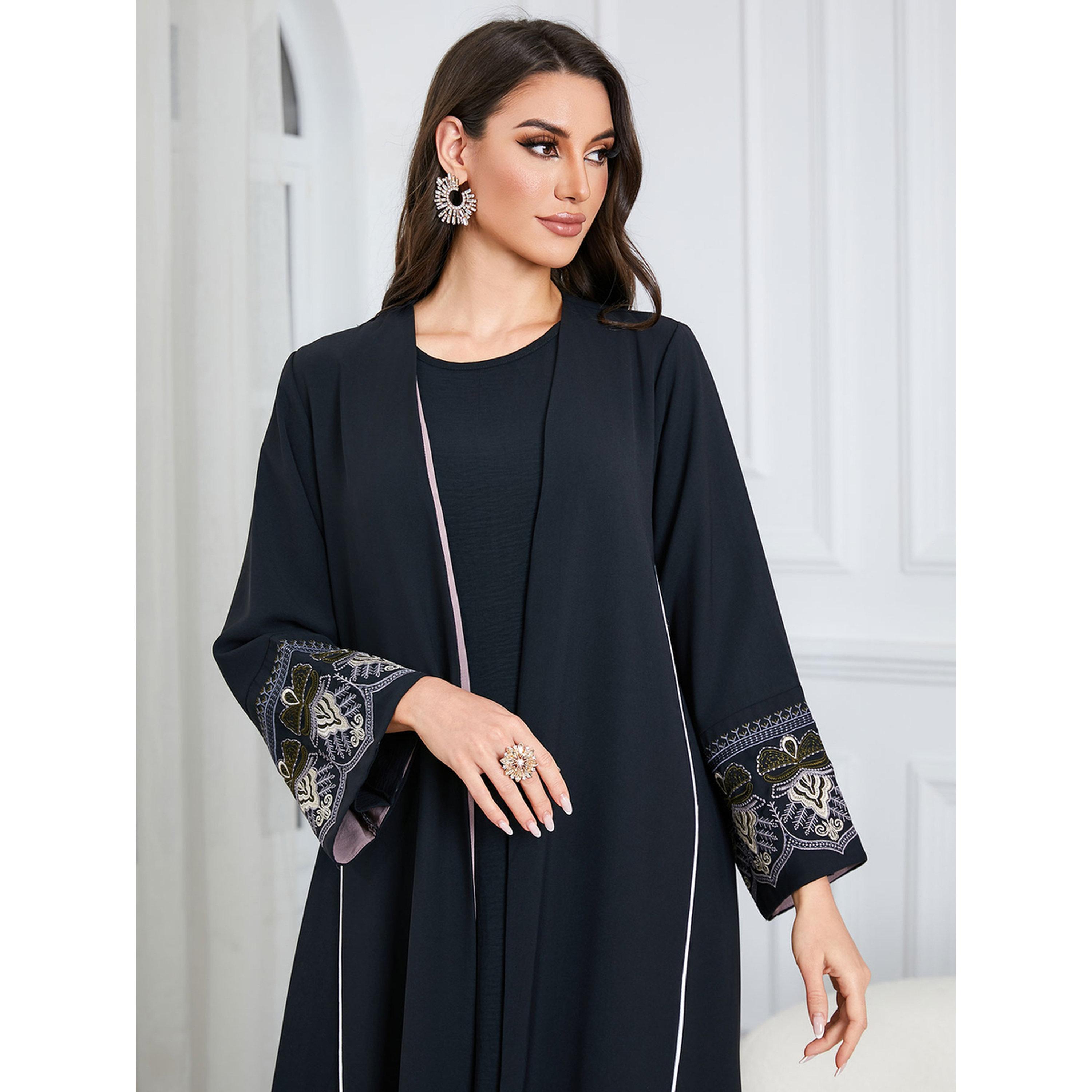 Take Two Black Embroidered Open Front Maxi Abaya-women-arabicclothing-abayas-image-6