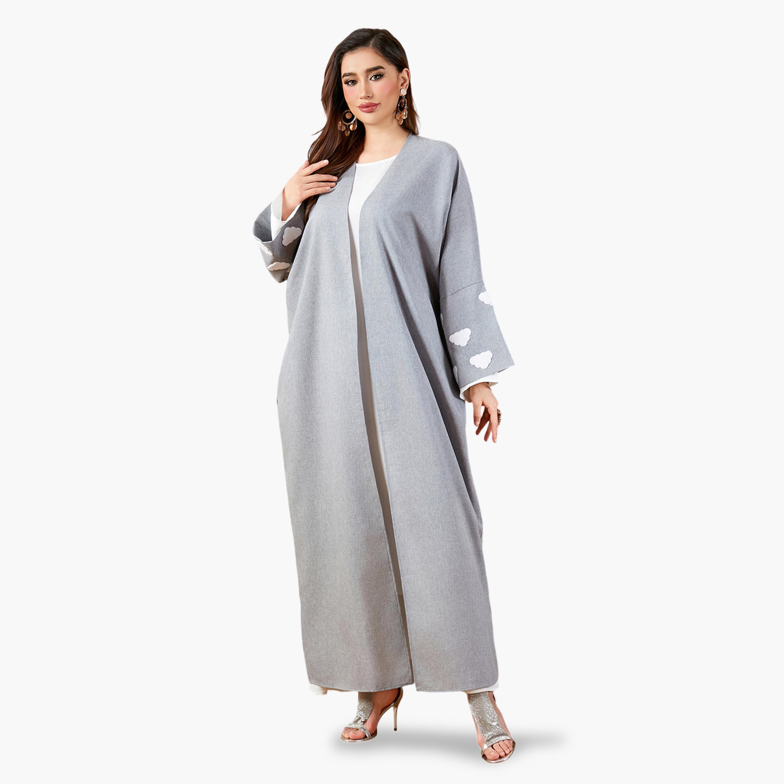 Take Two Grey Maxi A-Line Abaya With Cloud Embellishments-women-arabicclothing-abayas-image-1
