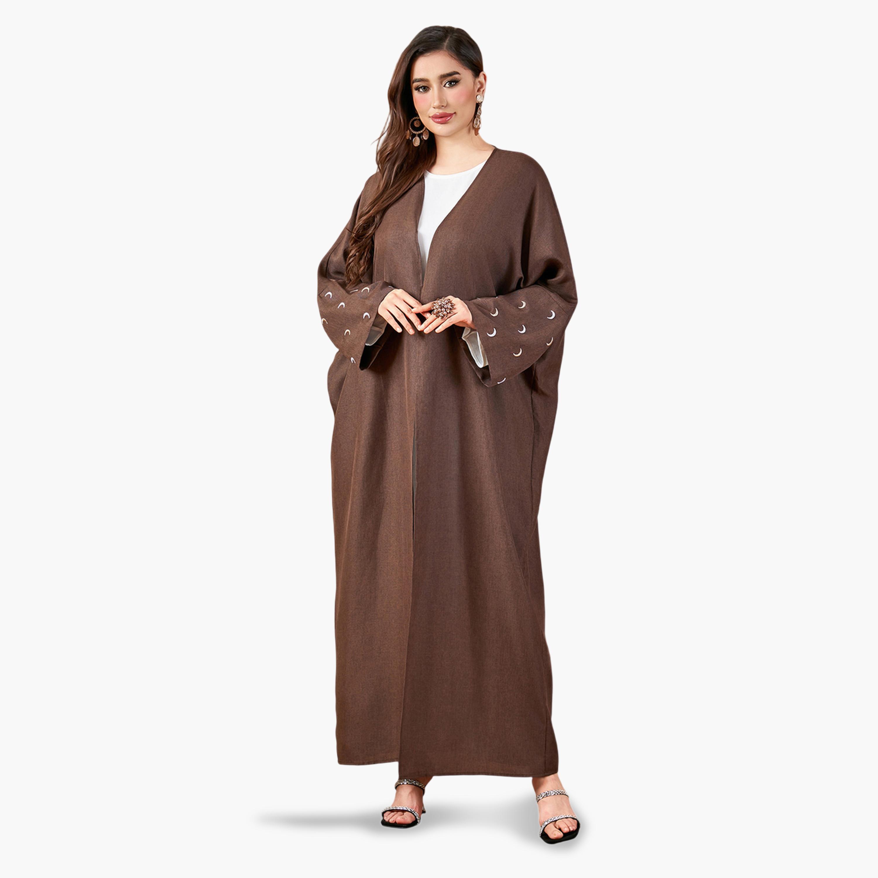 Take Two Coffee Brown Crescent Embroidered Open Front Abaya-women-arabicclothing-abayas-image-1