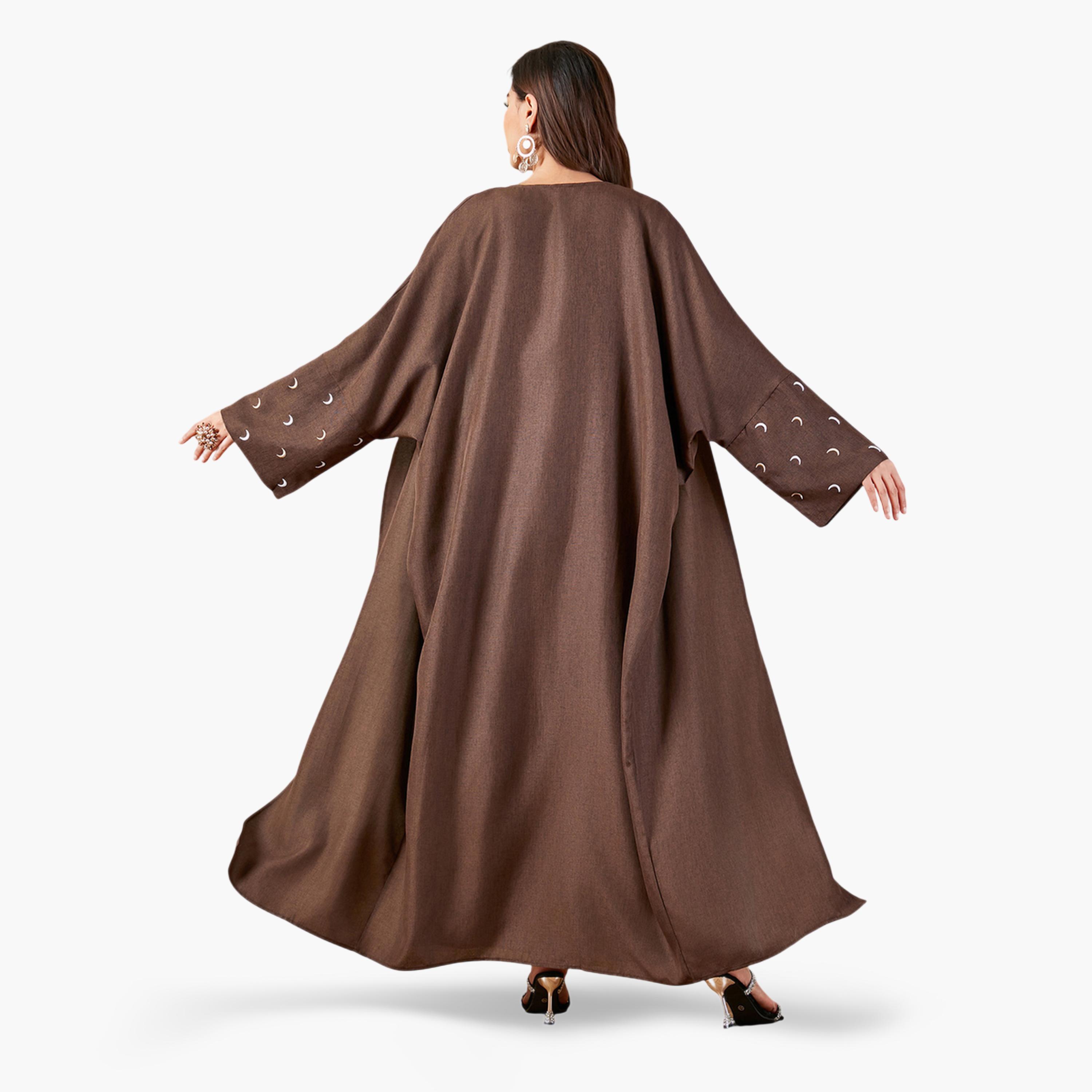 Take Two Coffee Brown Crescent Embroidered Open Front Abaya-women-arabicclothing-abayas-image-2