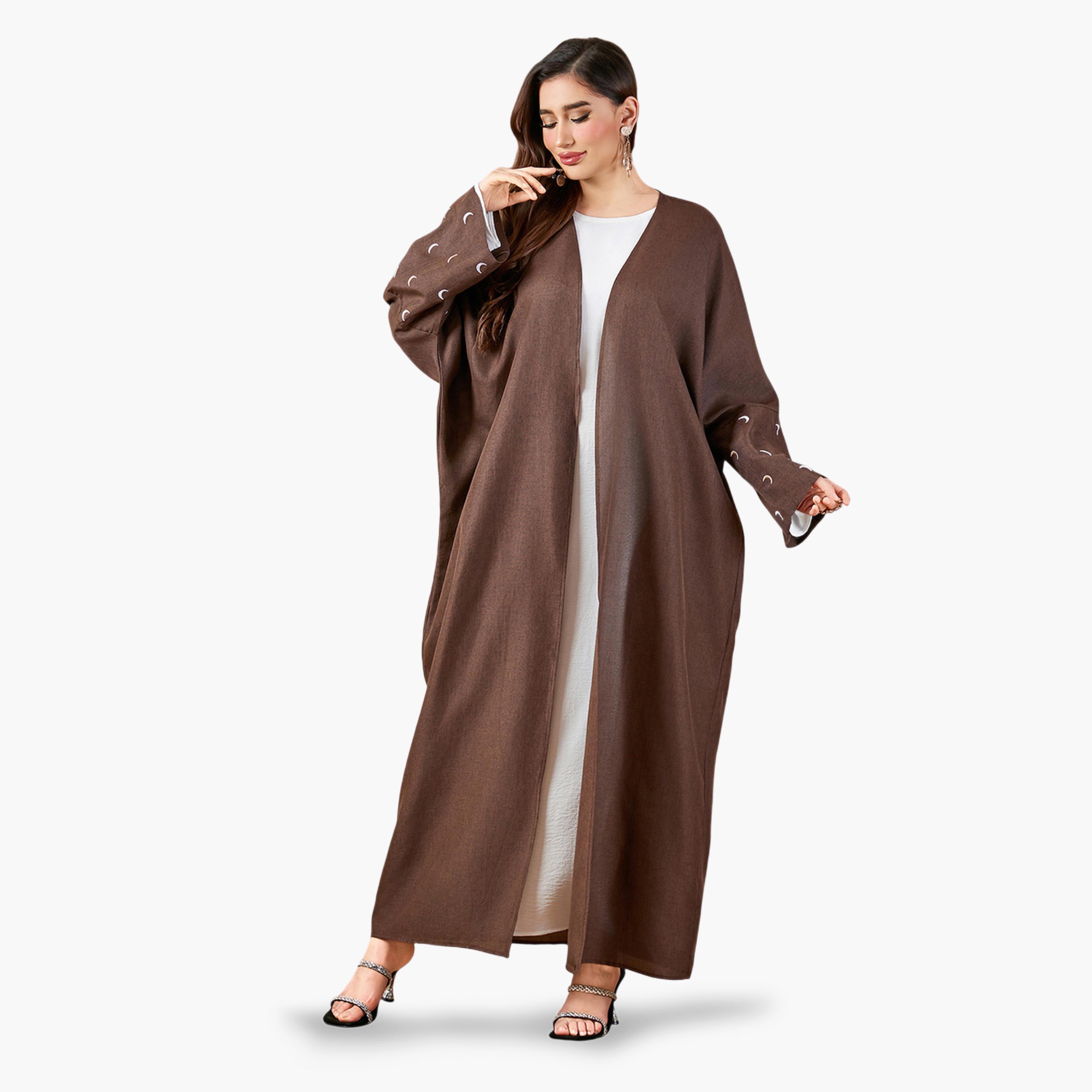 Take Two Coffee Brown Crescent Embroidered Open Front Abaya-women-arabicclothing-abayas-image-3