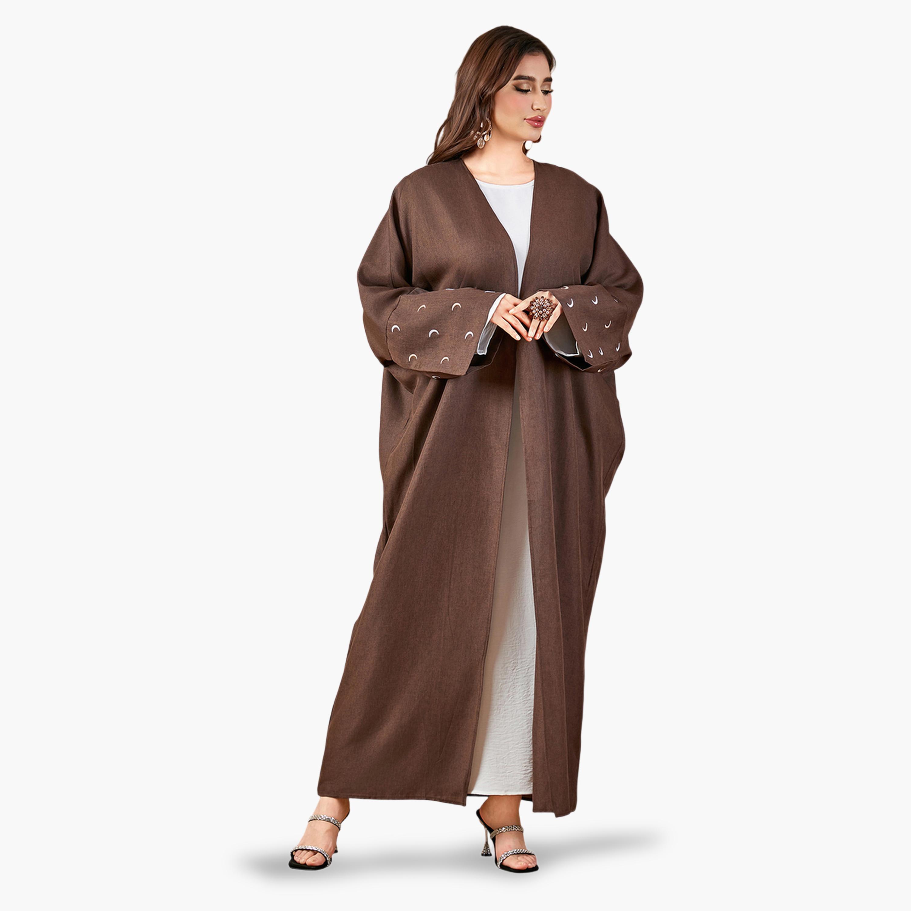 Take Two Coffee Brown Crescent Embroidered Open Front Abaya-women-arabicclothing-abayas-image-4