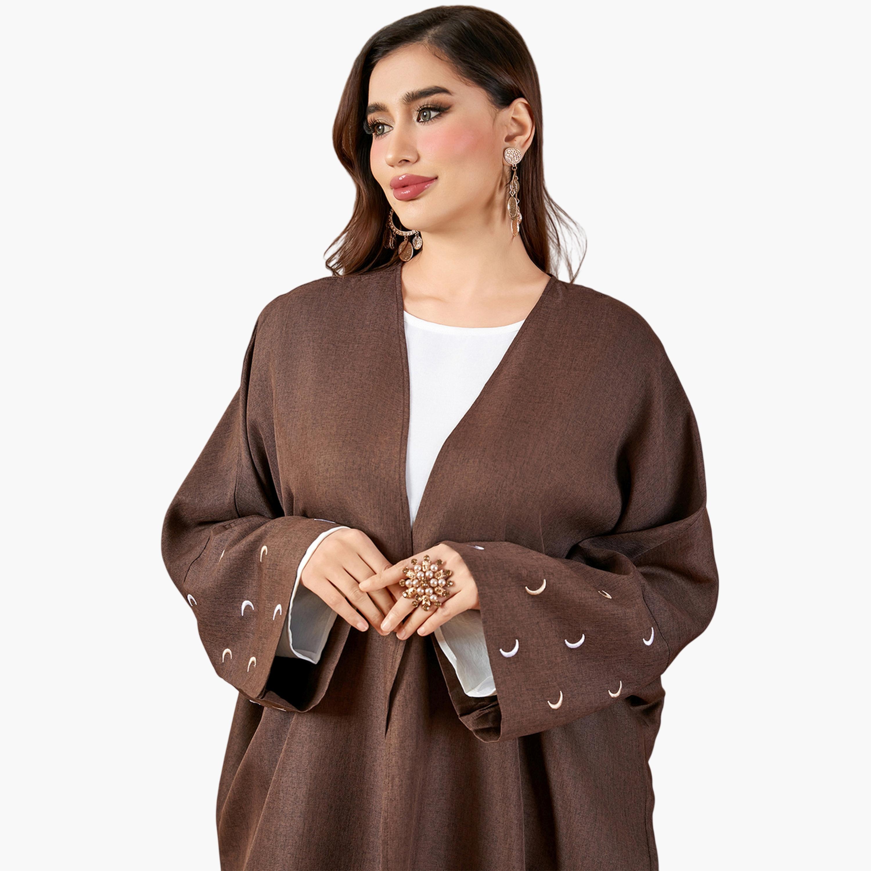 Take Two Coffee Brown Crescent Embroidered Open Front Abaya-women-arabicclothing-abayas-image-5
