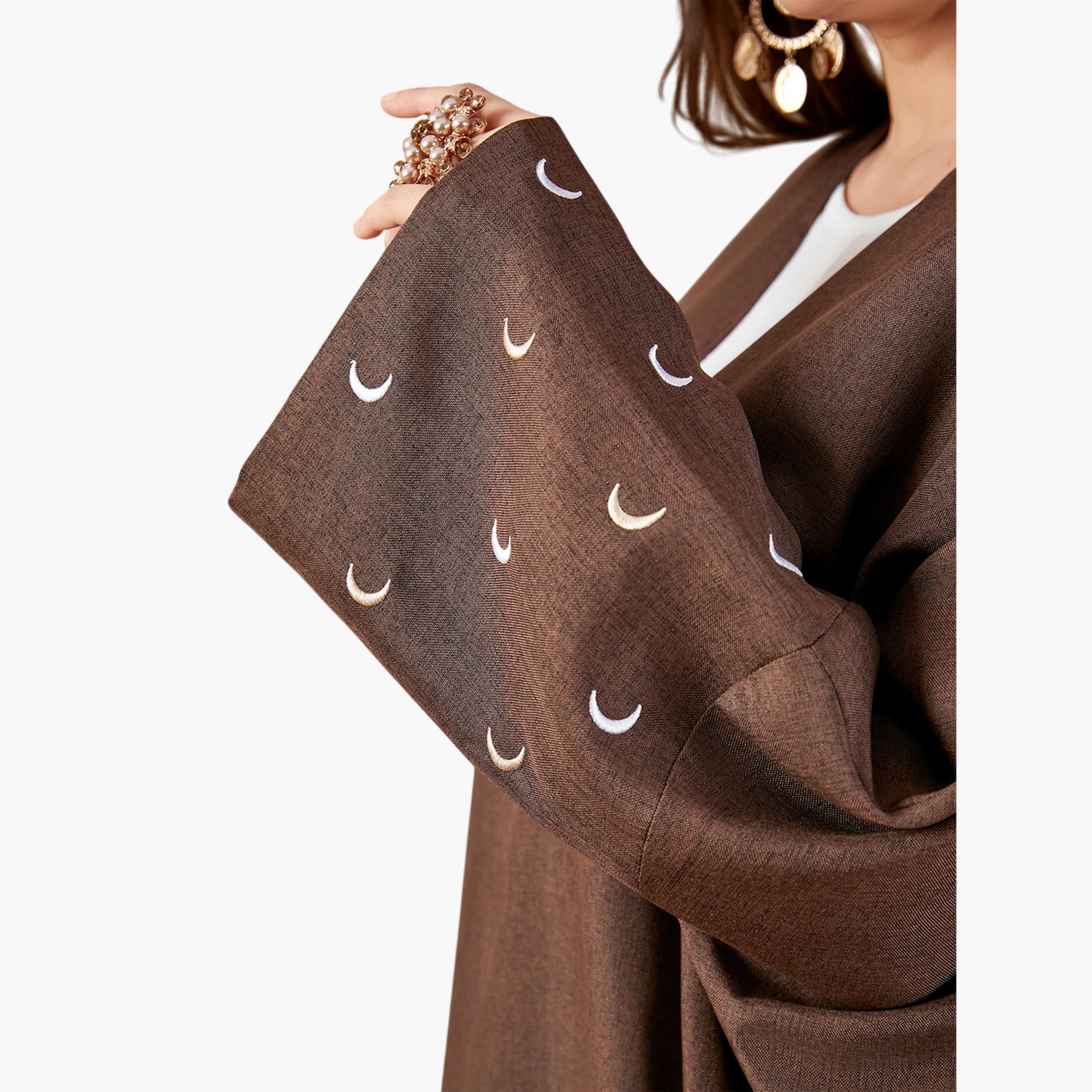 Take Two Coffee Brown Crescent Embroidered Open Front Abaya-women-arabicclothing-abayas-image-6