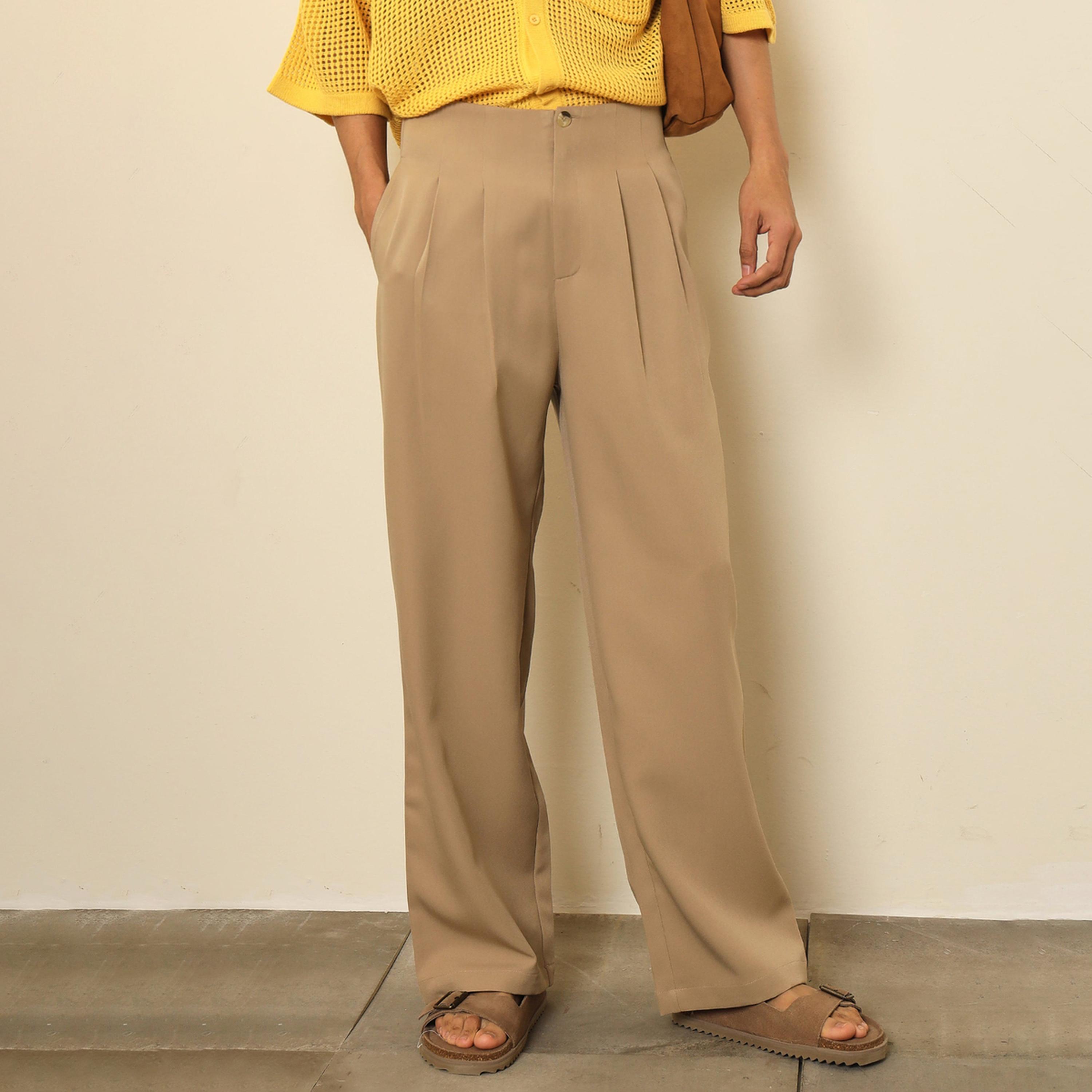بنطال كوري بخصر مرتفع وتفاصيل بنمط بنسين مزدوجين للرجال-men-clothing-trousersandchinos-trousers-image-1