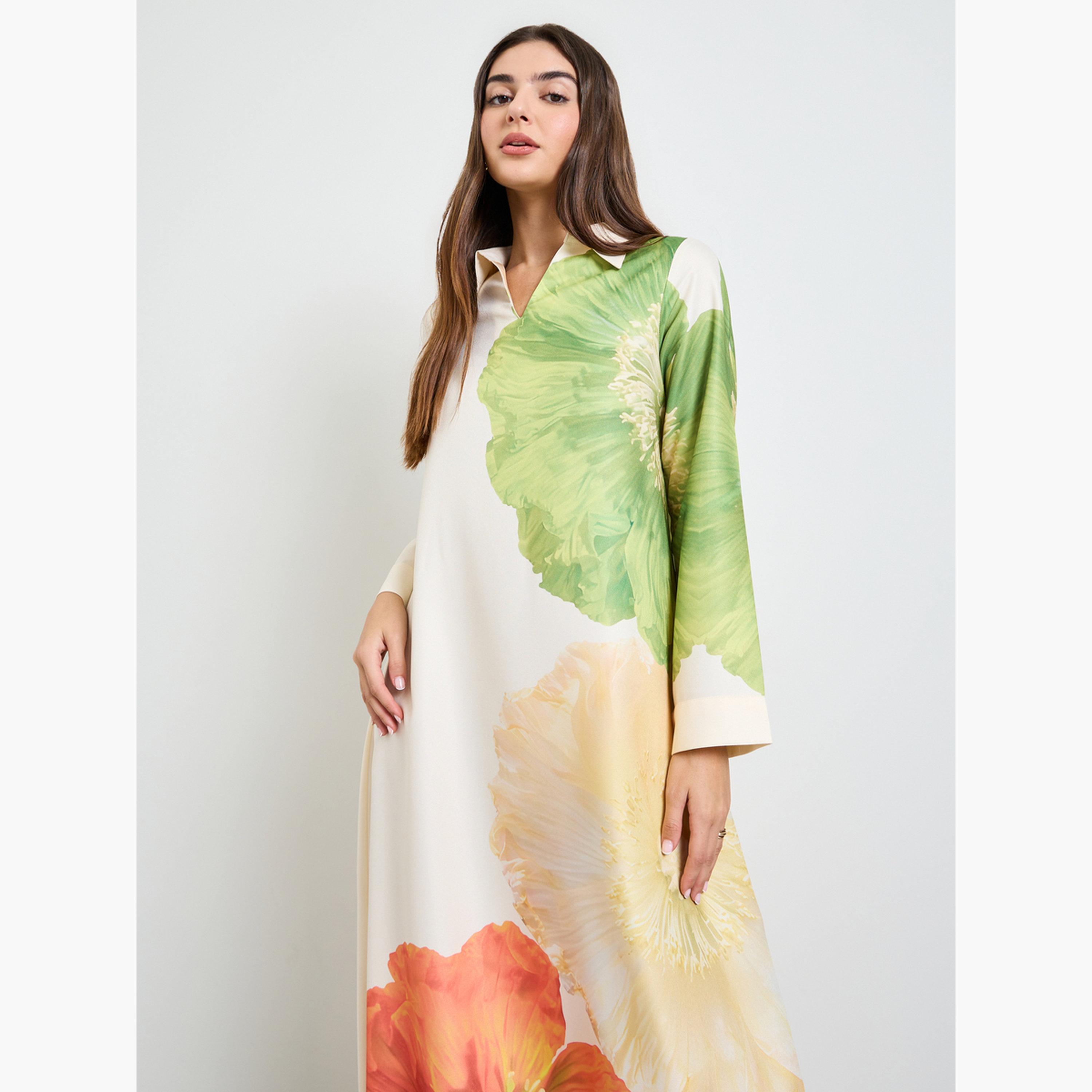 Amirah X Styli Open Collar Placement Print Jalabiya-women-arabicclothing-jalabiyas-image-2