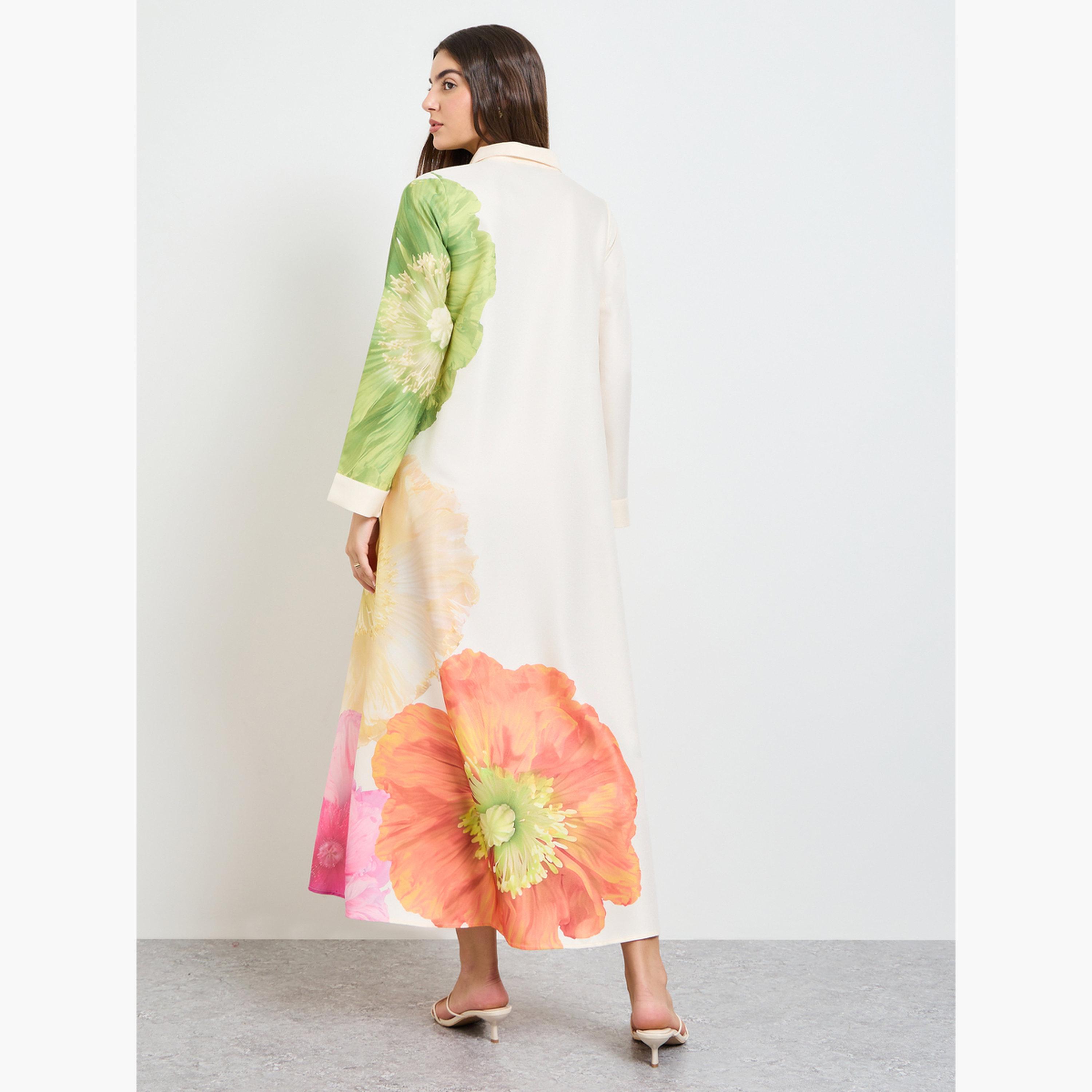 Amirah X Styli Open Collar Placement Print Jalabiya-women-arabicclothing-jalabiyas-image-4