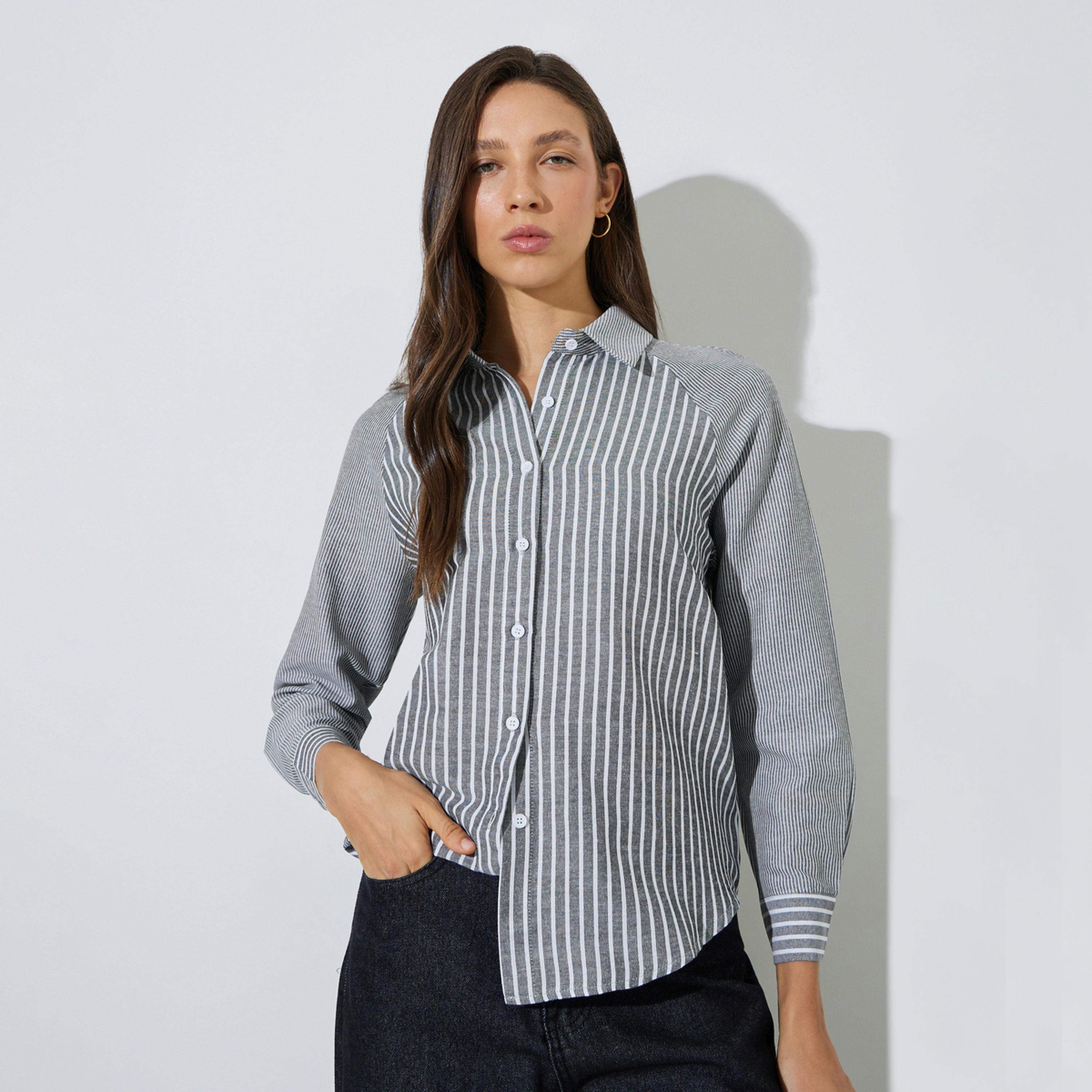 ستايلي - قميص أسود مخطط بأكمام راجلان-women-clothing-shirtsandblouses-shirts-image-1