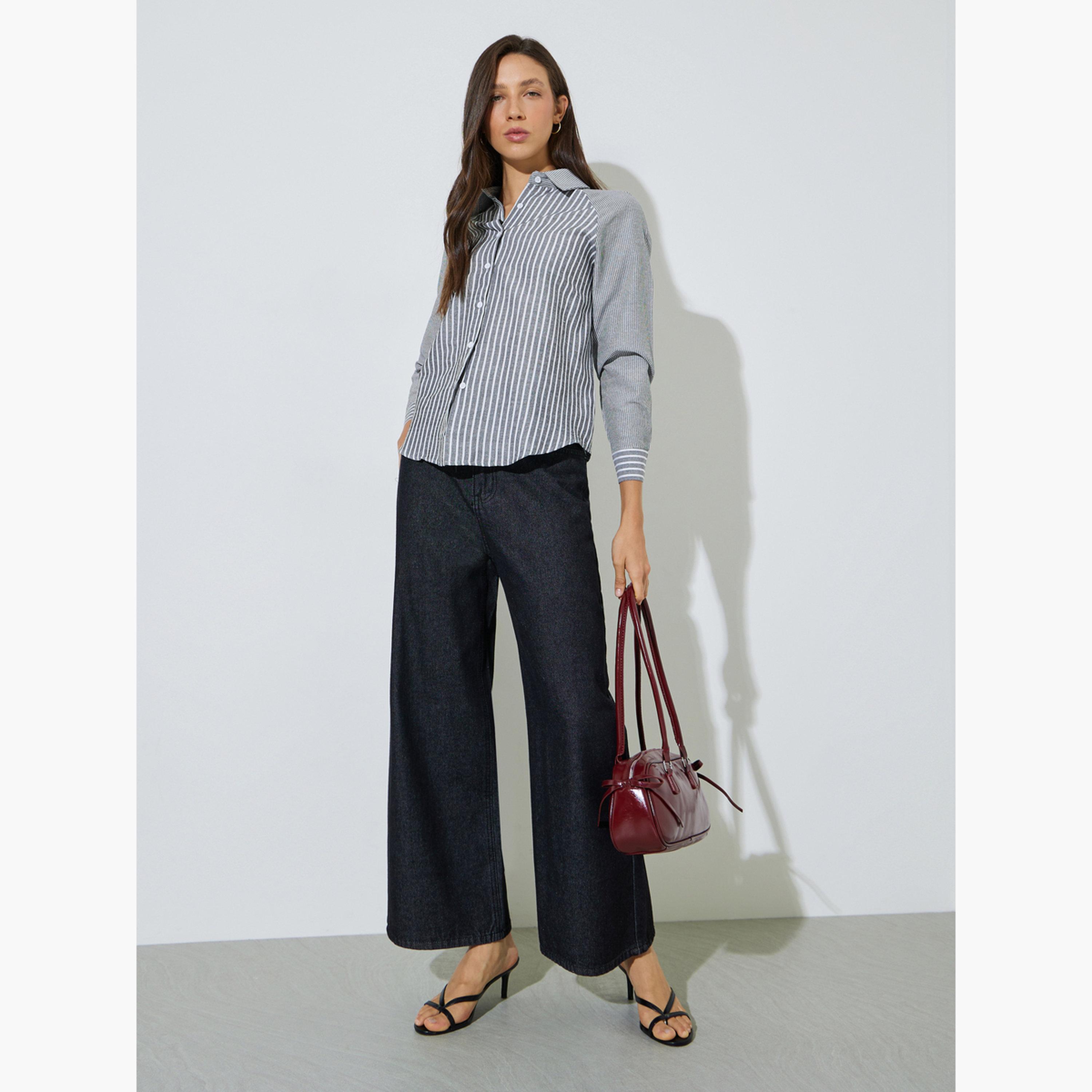 ستايلي - قميص أسود مخطط بأكمام راجلان-women-clothing-shirtsandblouses-shirts-image-2