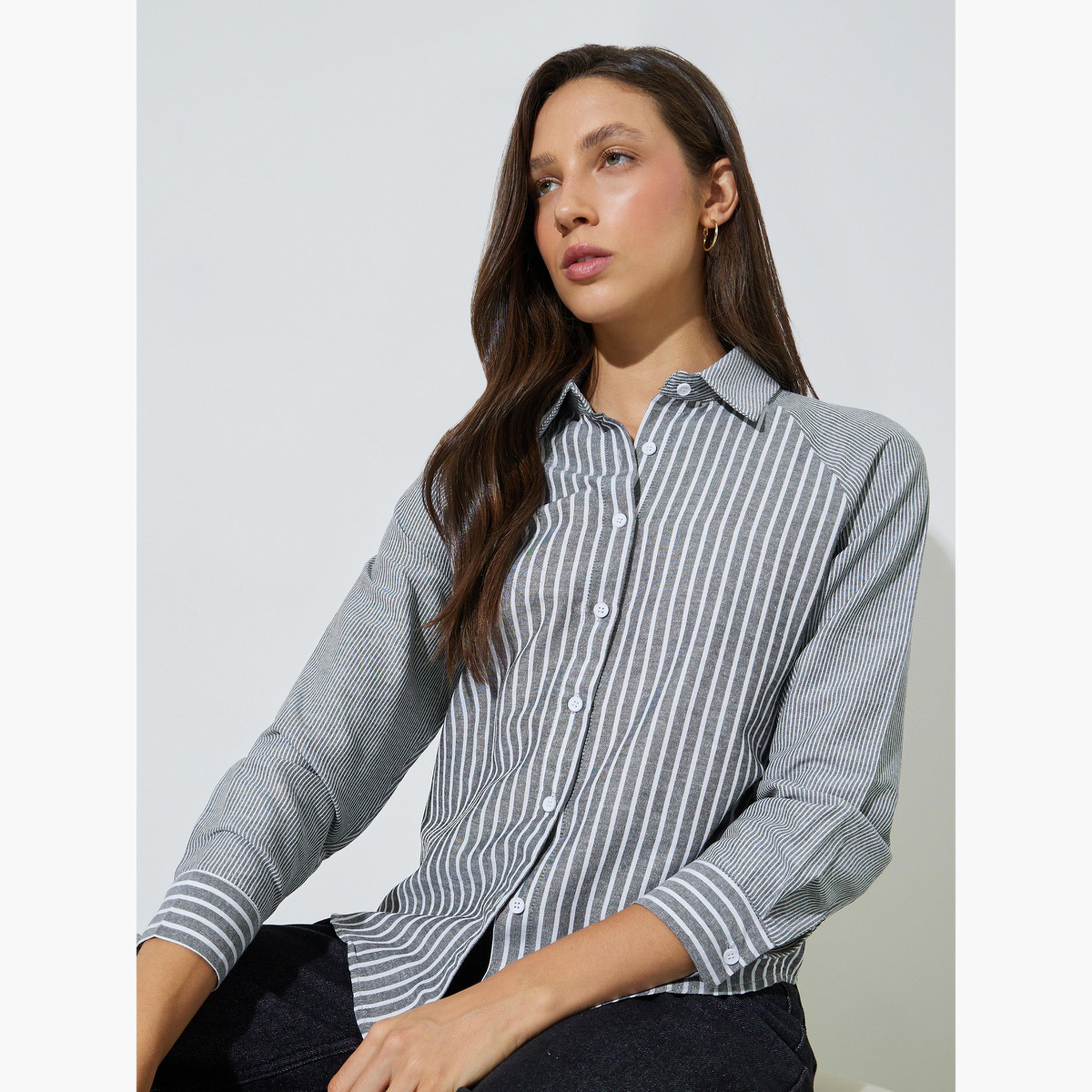 ستايلي - قميص أسود مخطط بأكمام راجلان-women-clothing-shirtsandblouses-shirts-image-3