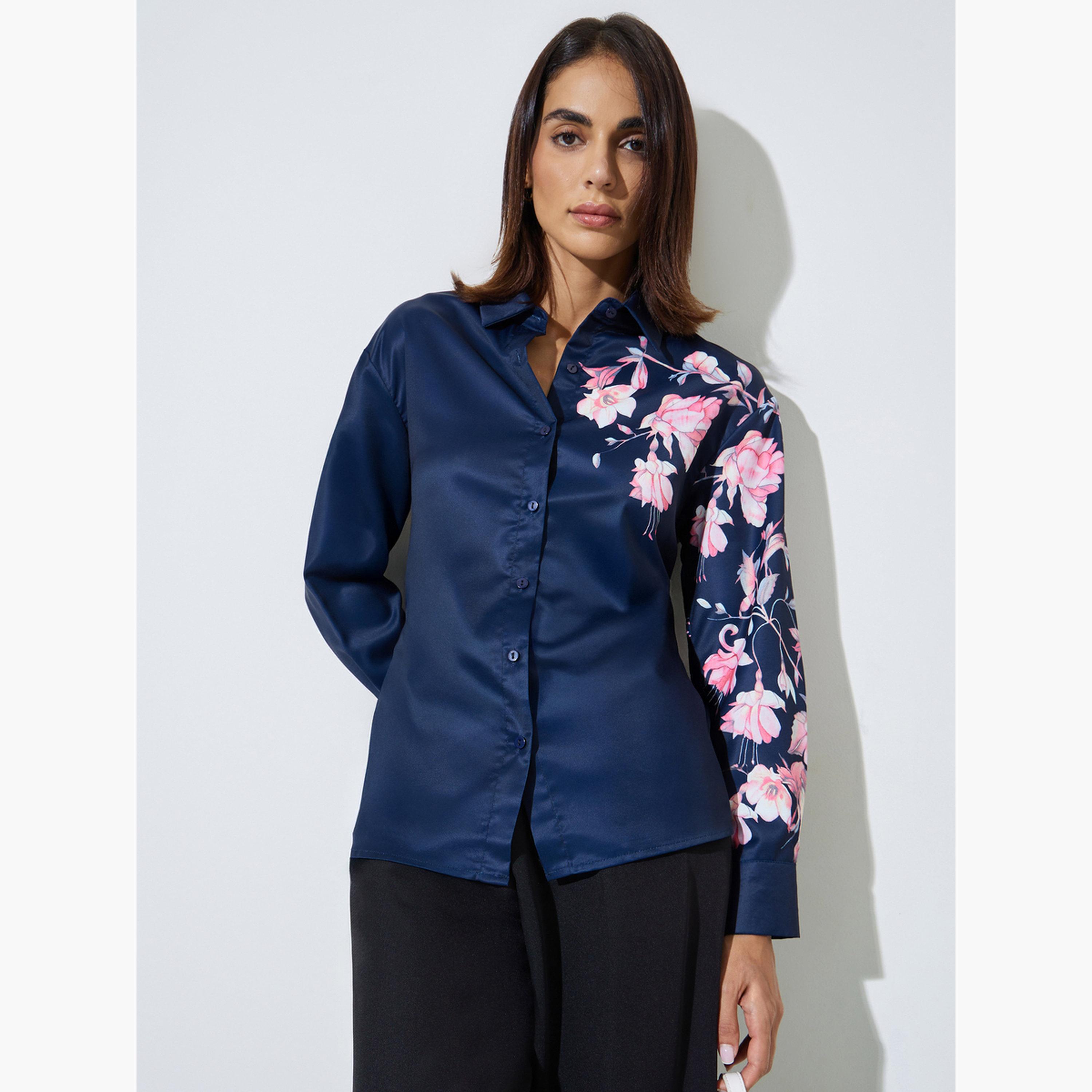 ستايلي - قميص أزرق داكن بأكمام طويلة مزين بنقوش زهرية-women-clothing-shirtsandblouses-shirts-image-1