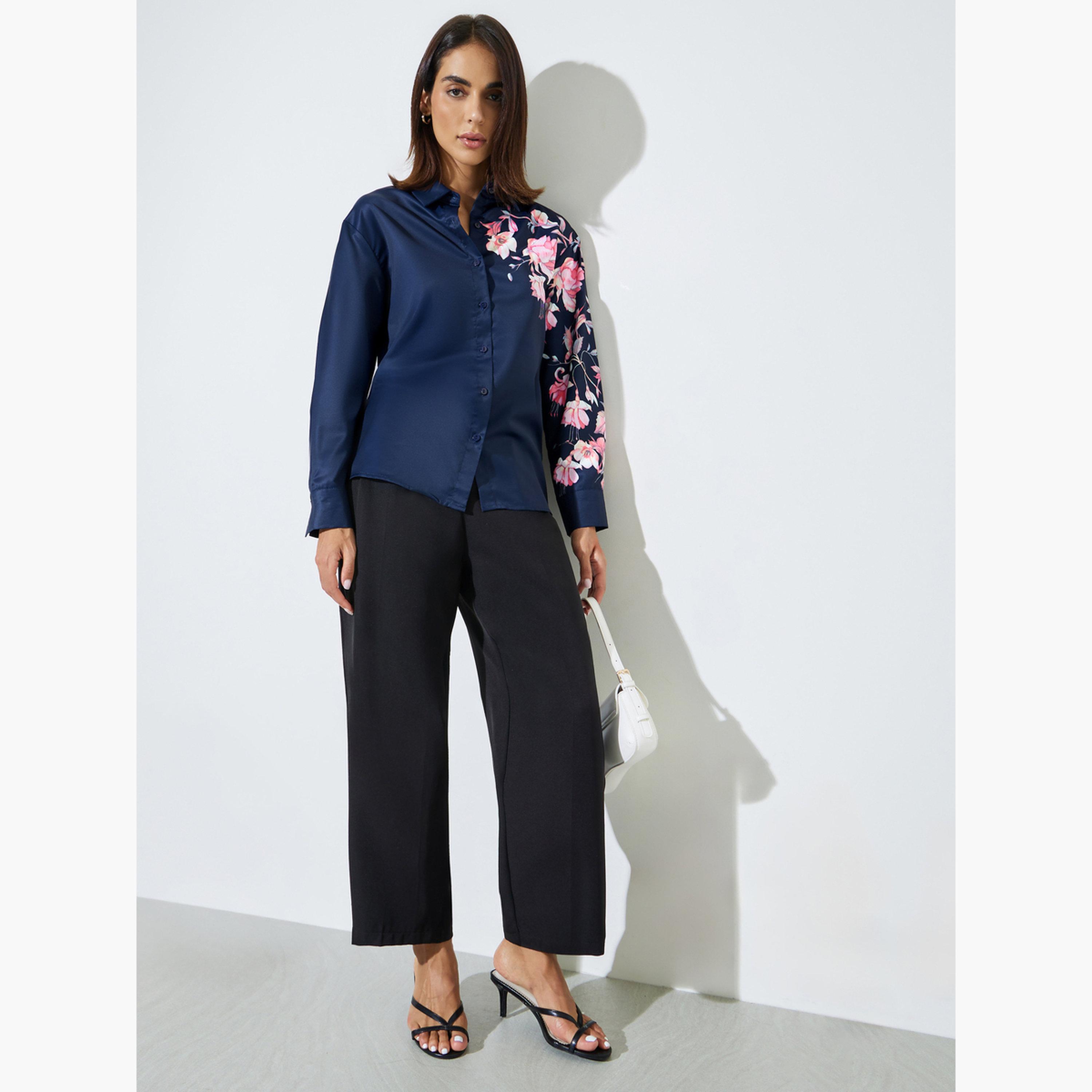 ستايلي - قميص أزرق داكن بأكمام طويلة مزين بنقوش زهرية-women-clothing-shirtsandblouses-shirts-image-2