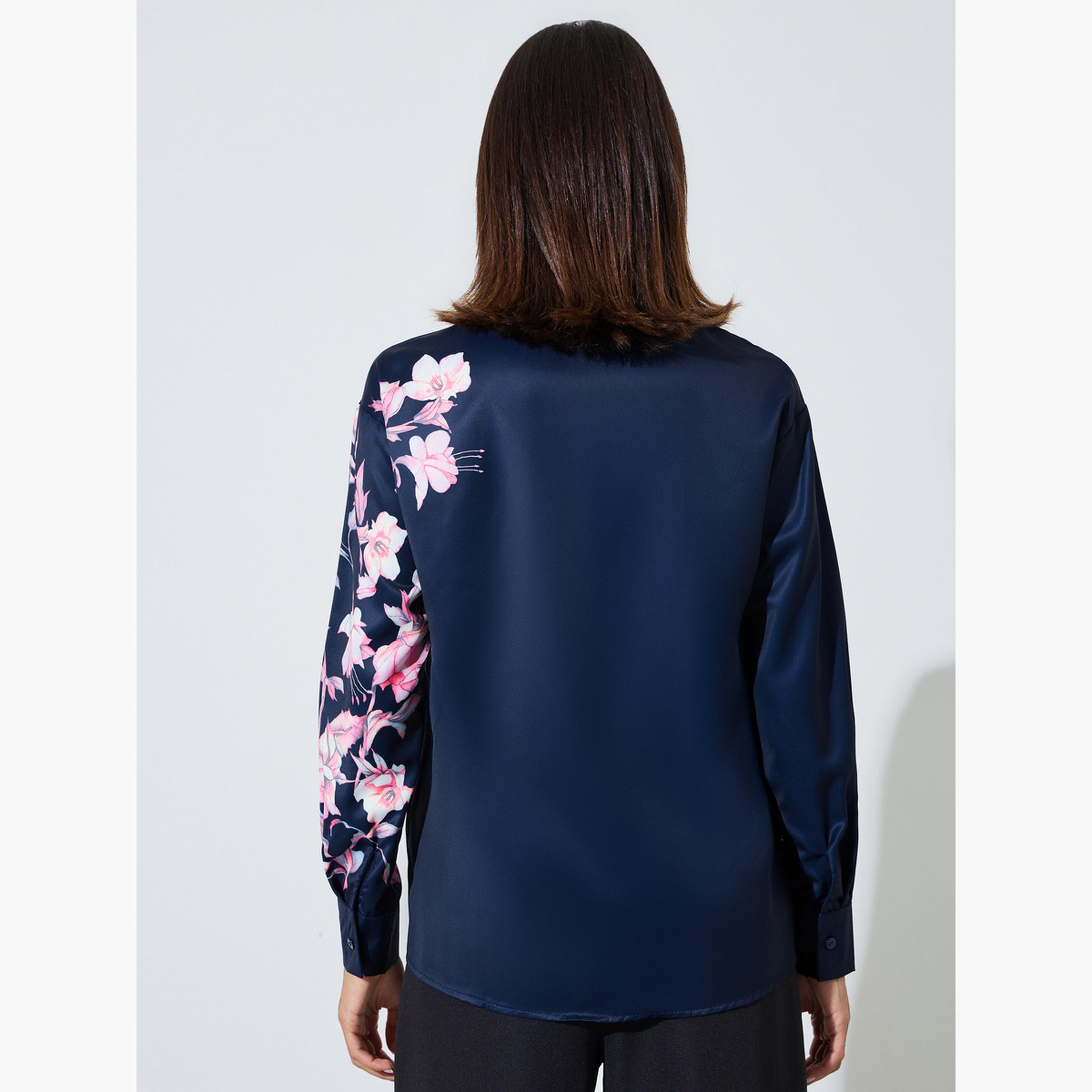 ستايلي - قميص أزرق داكن بأكمام طويلة مزين بنقوش زهرية-women-clothing-shirtsandblouses-shirts-image-3