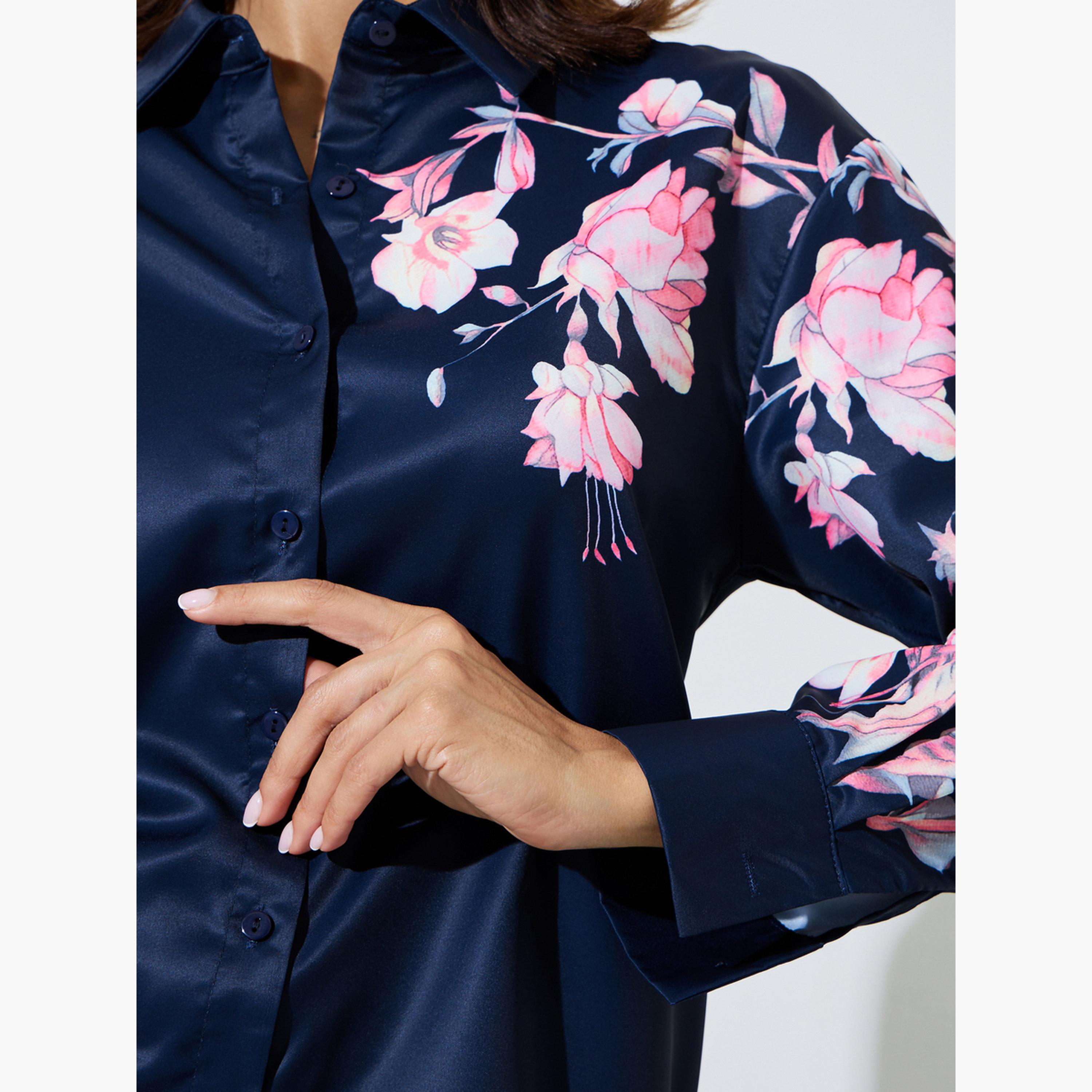 ستايلي - قميص أزرق داكن بأكمام طويلة مزين بنقوش زهرية-women-clothing-shirtsandblouses-shirts-image-4