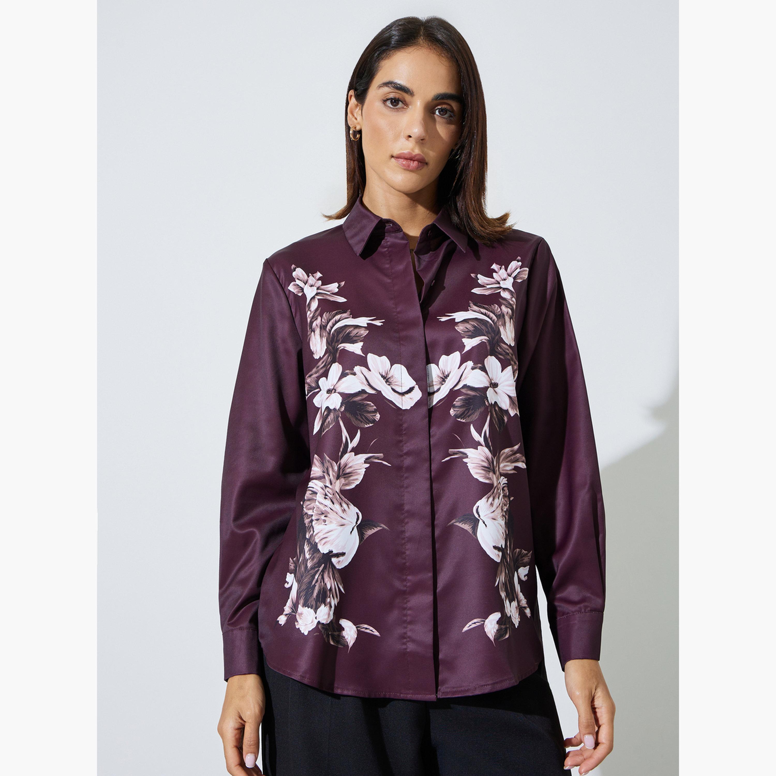 ستايلي - قميص بأكمام طويلة مطبوع عليه زهور بنفسجية-women-clothing-shirtsandblouses-shirts-image-1