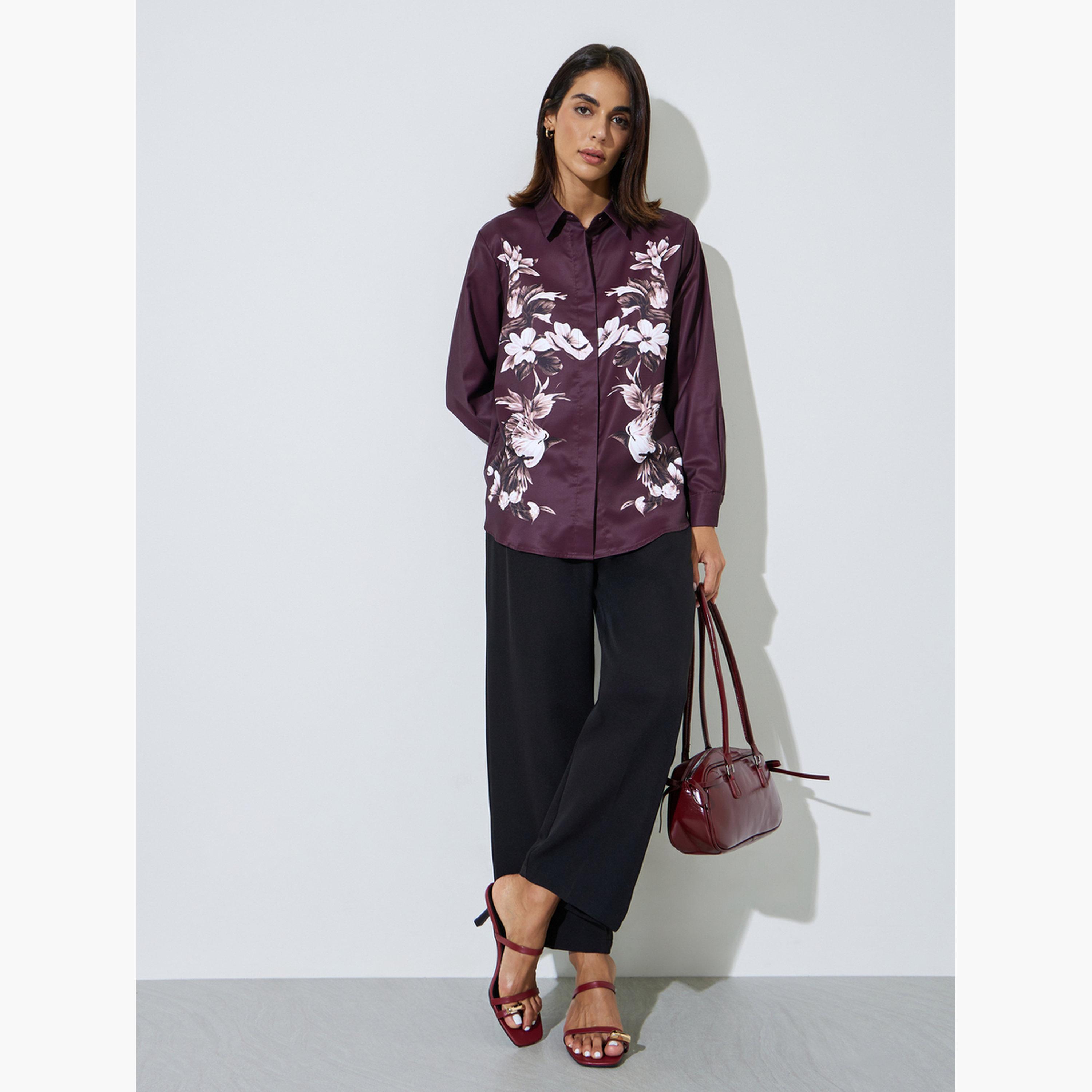 ستايلي - قميص بأكمام طويلة مطبوع عليه زهور بنفسجية-women-clothing-shirtsandblouses-shirts-image-2