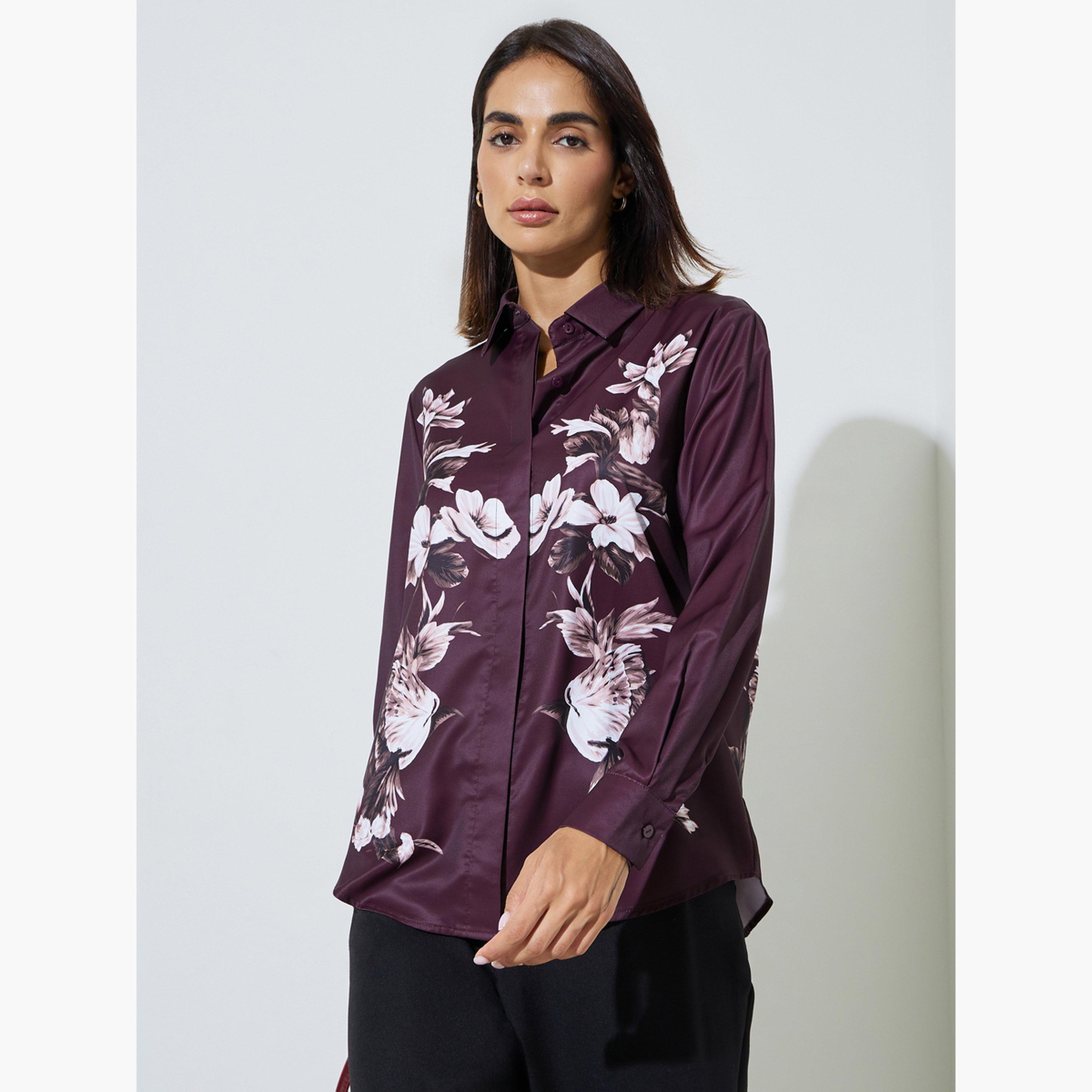 ستايلي - قميص بأكمام طويلة مطبوع عليه زهور بنفسجية-women-clothing-shirtsandblouses-shirts-image-3