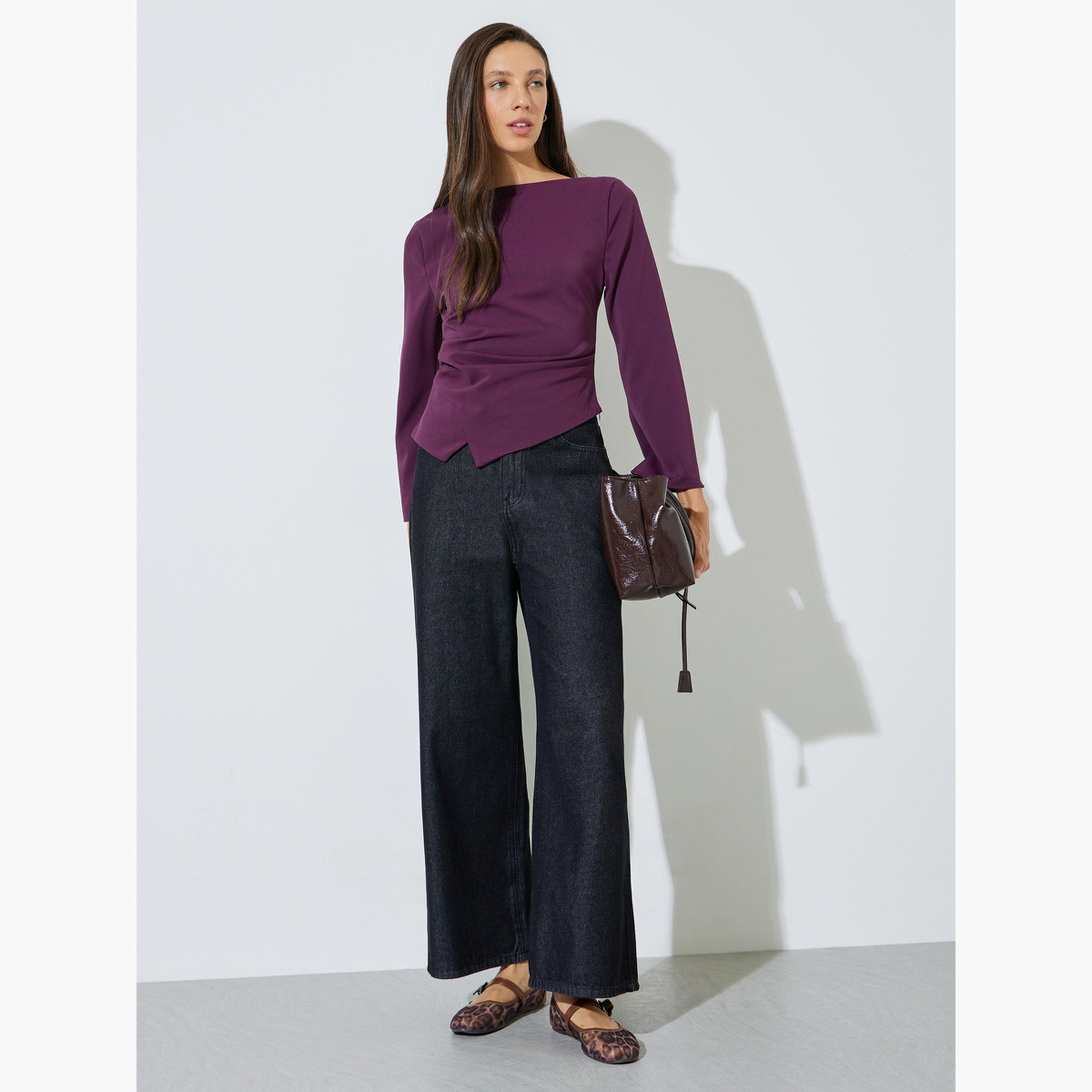 بلوزة بأكمام واسعة وحافة غير متماثلة الطول-women-clothing-shirtsandblouses-blouses-image-2