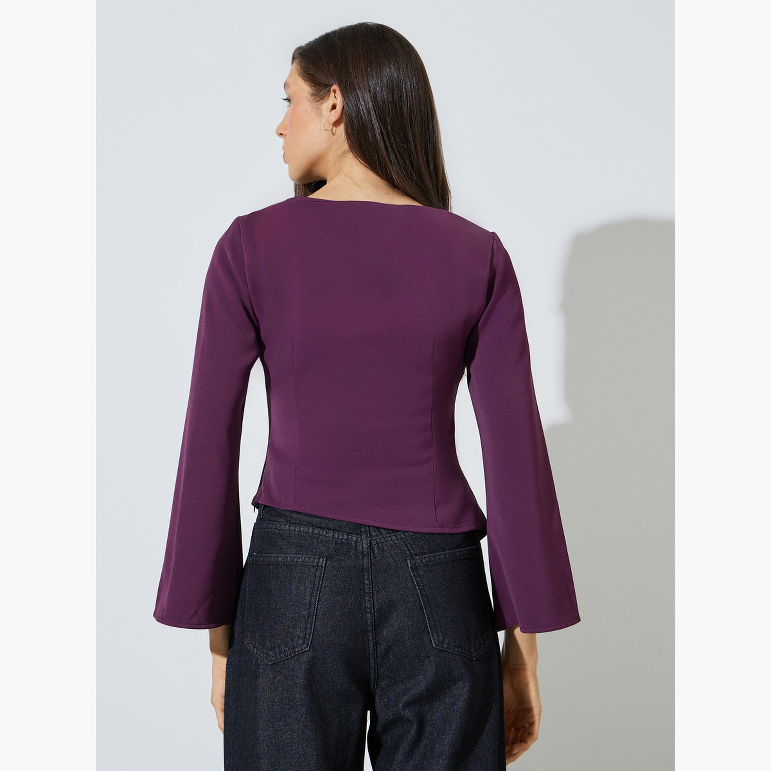بلوزة بأكمام واسعة وحافة غير متماثلة الطول-women-clothing-shirtsandblouses-blouses-image-3