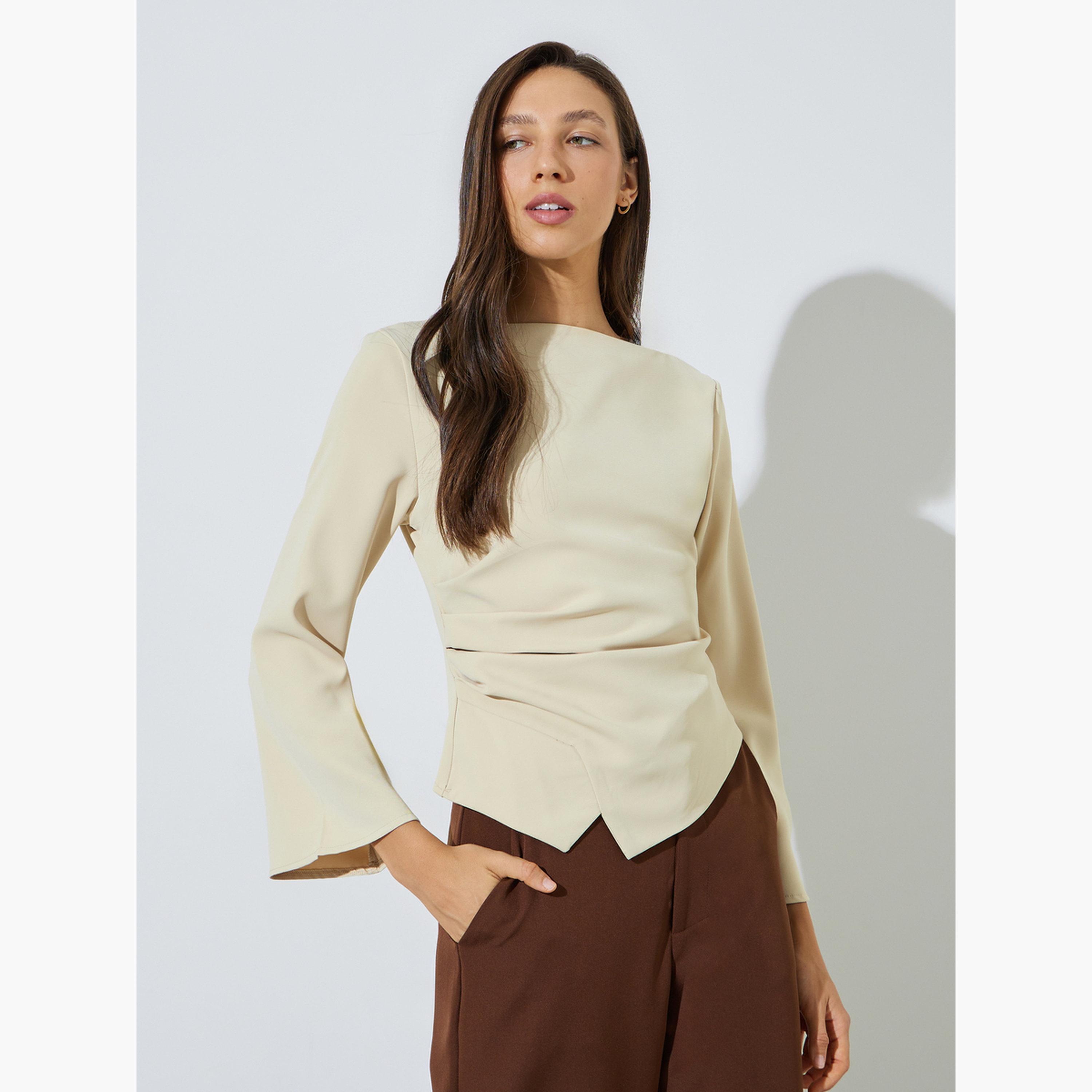 Styli Butter Yellow Flared Sleeve Blouse with Asymmetric Hem-women-clothing-shirtsandblouses-blouses-image-1