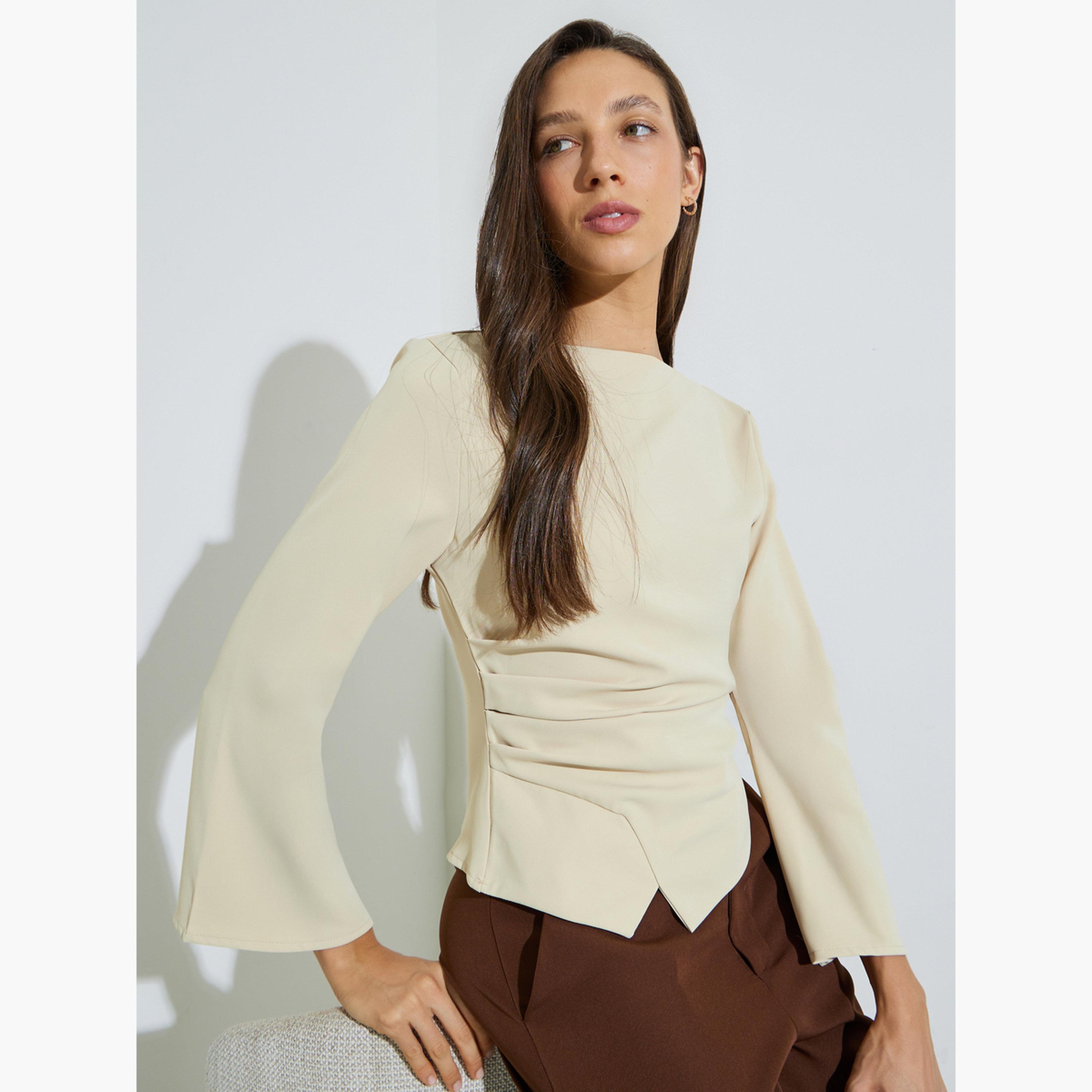 بلوزة بأكمام واسعة وحافة غير متماثلة الطول-women-clothing-shirtsandblouses-blouses-image-3