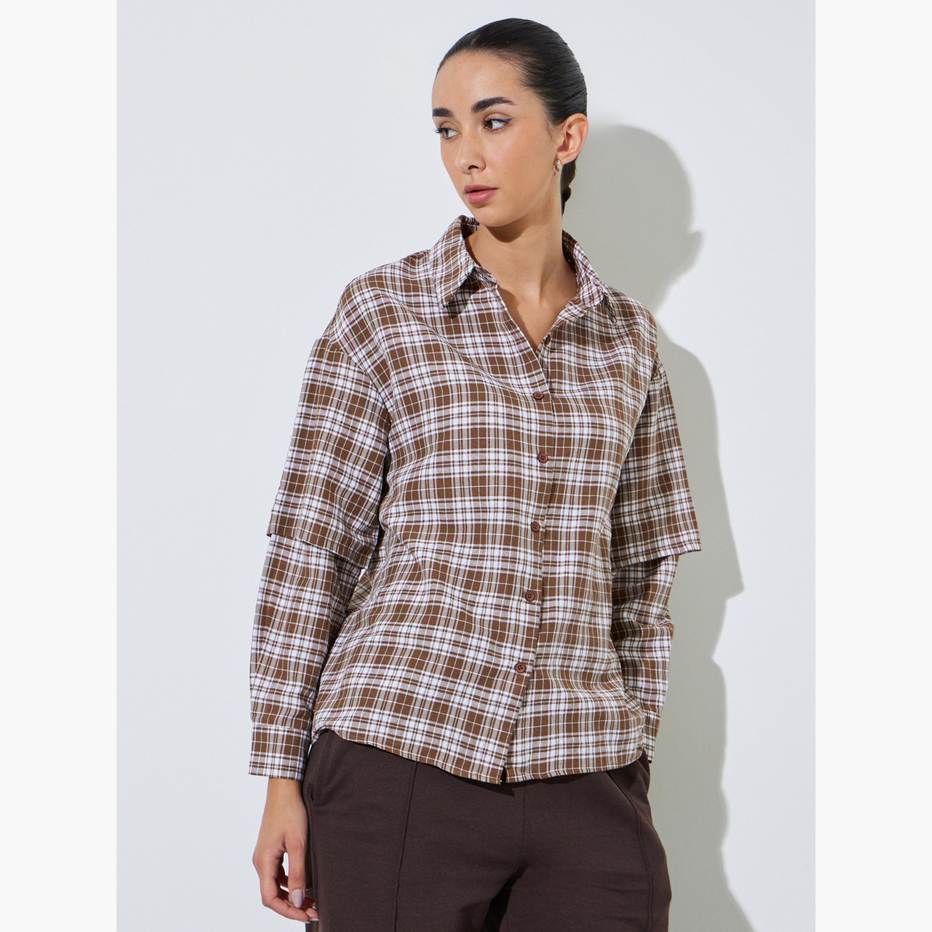 Styli Brown Checkered Shirt with Layered Sleeves-women-clothing-shirtsandblouses-shirts-image-1