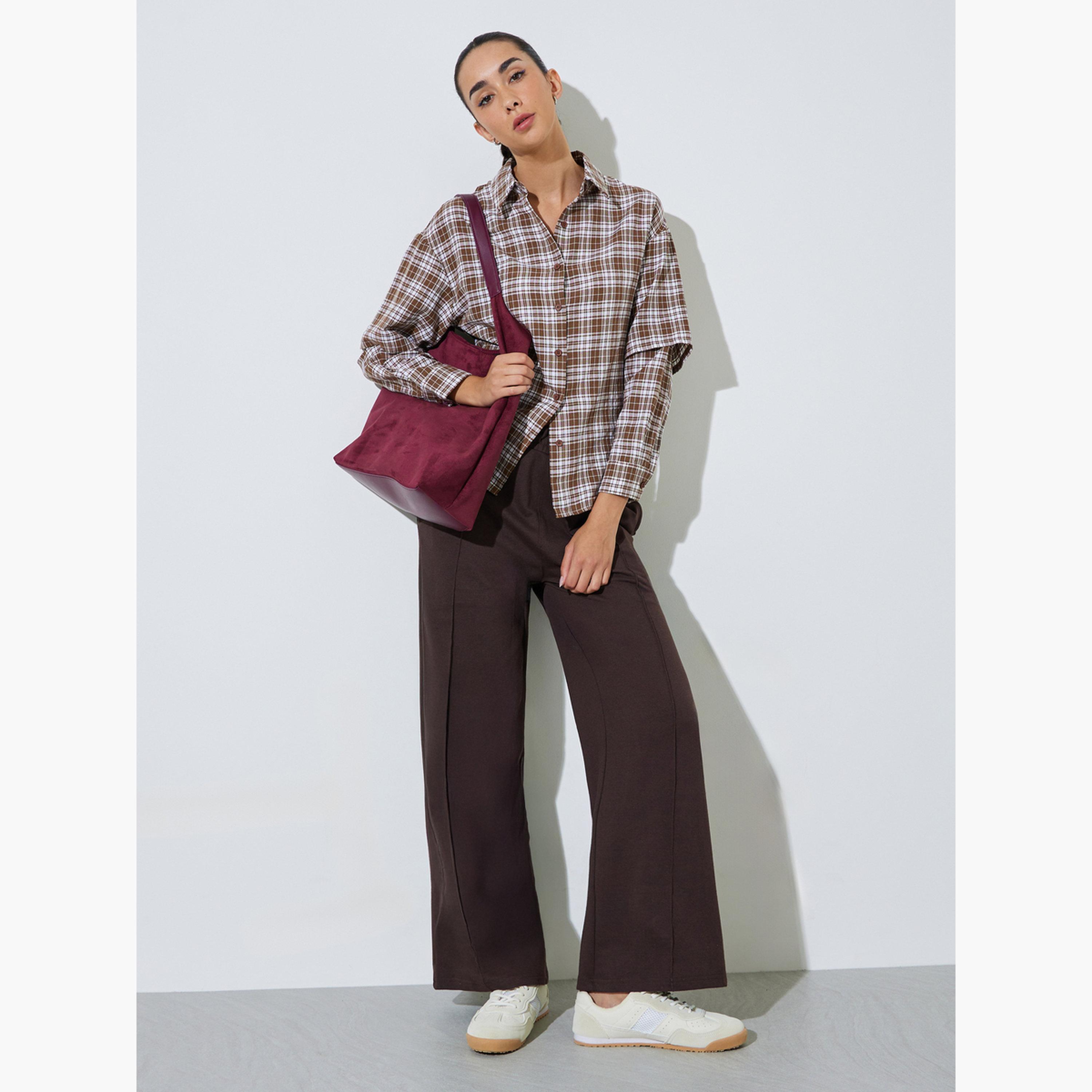 Styli Brown Checkered Shirt with Layered Sleeves-women-clothing-shirtsandblouses-shirts-image-2
