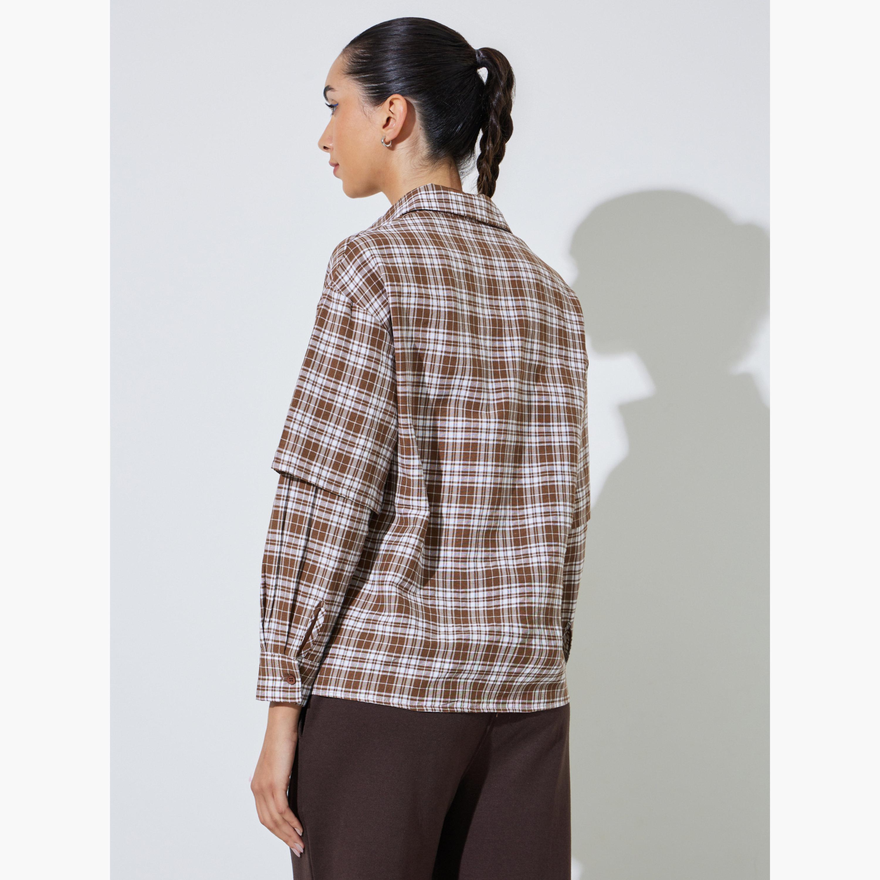 Styli Brown Checkered Shirt with Layered Sleeves-women-clothing-shirtsandblouses-shirts-image-4