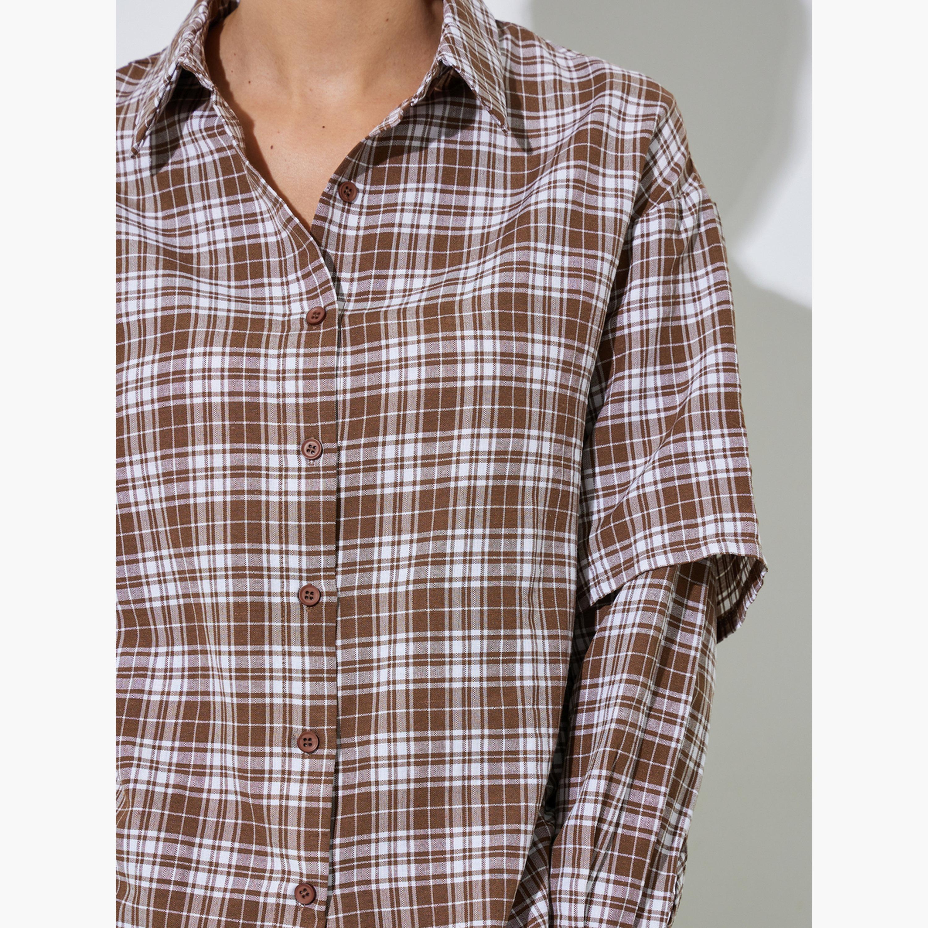 Styli Brown Checkered Shirt with Layered Sleeves-women-clothing-shirtsandblouses-shirts-image-5