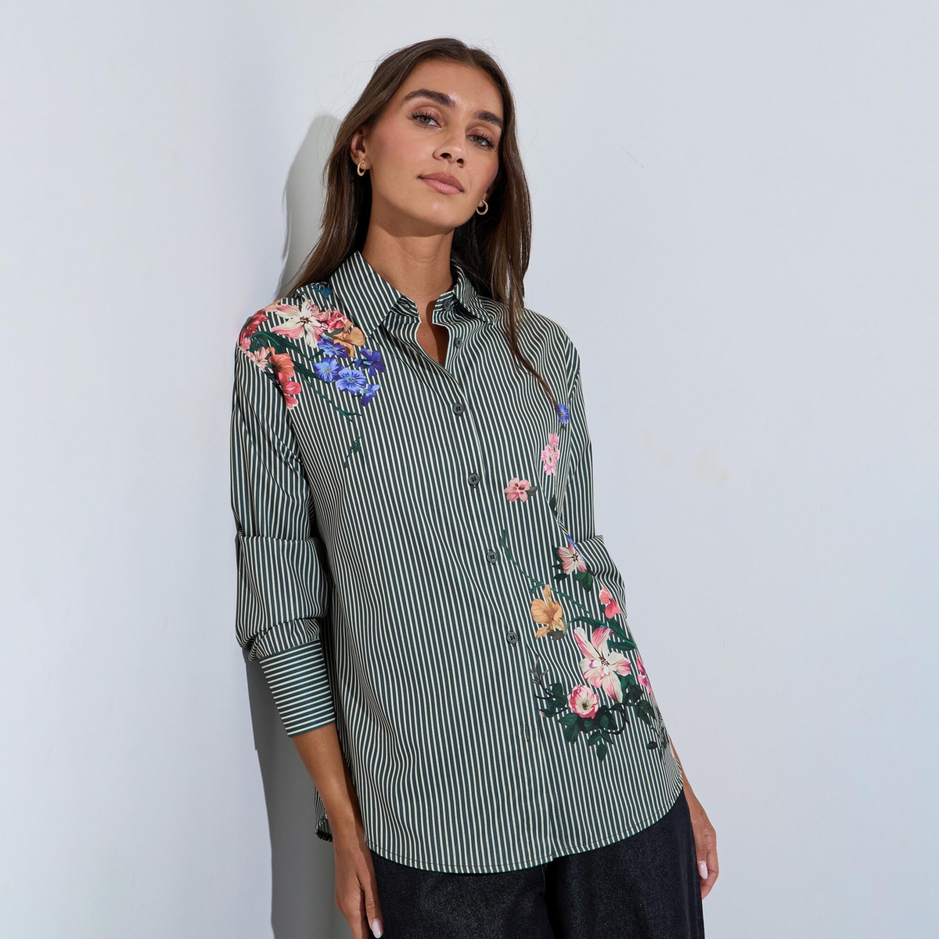 قميص واسع وطبعة زهور بنمط مخطط لون أسود-women-clothing-shirtsandblouses-shirts-image-1