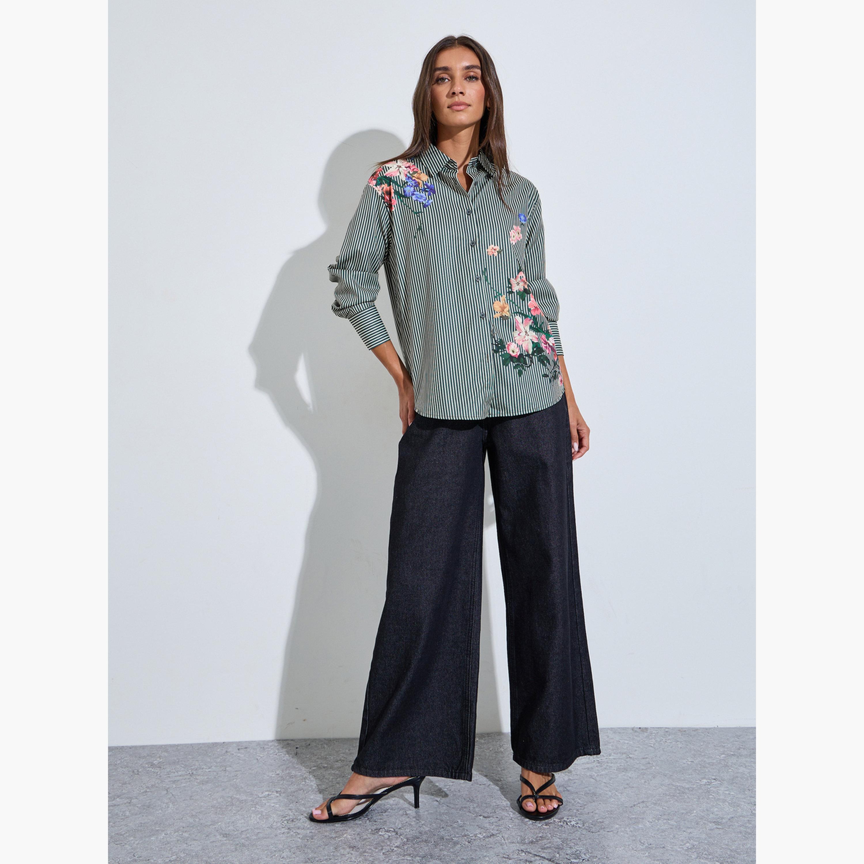 قميص واسع وطبعة زهور بنمط مخطط لون أسود-women-clothing-shirtsandblouses-shirts-image-2