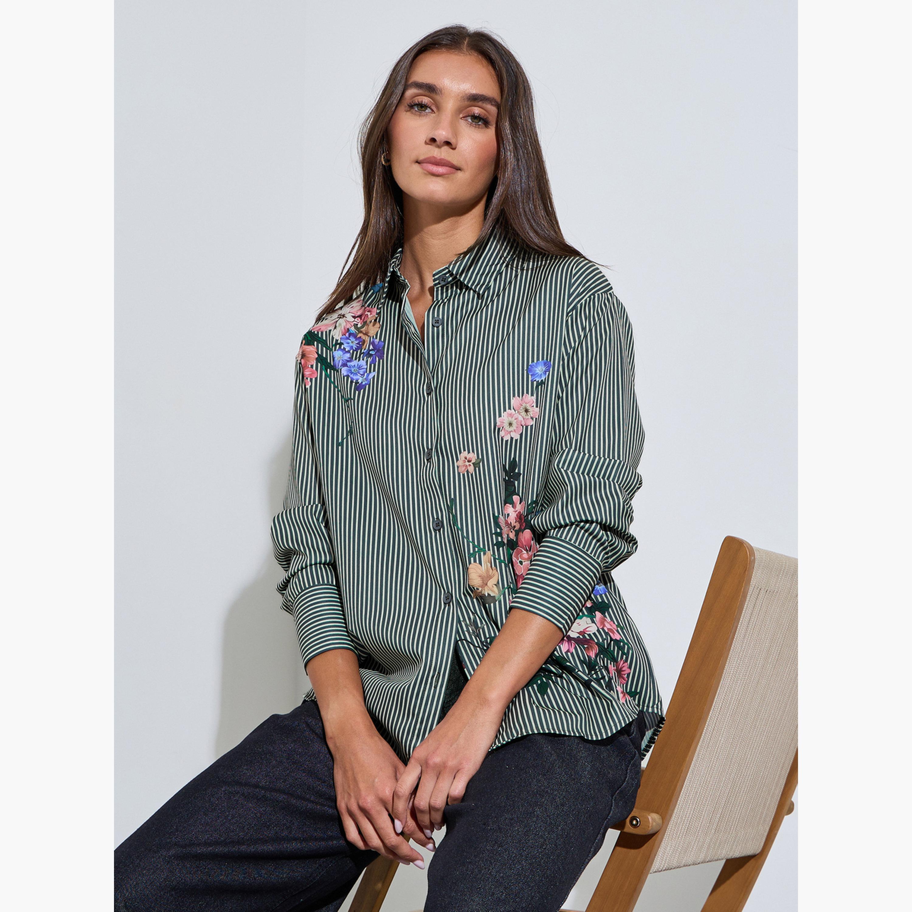 قميص واسع وطبعة زهور بنمط مخطط لون أسود-women-clothing-shirtsandblouses-shirts-image-3