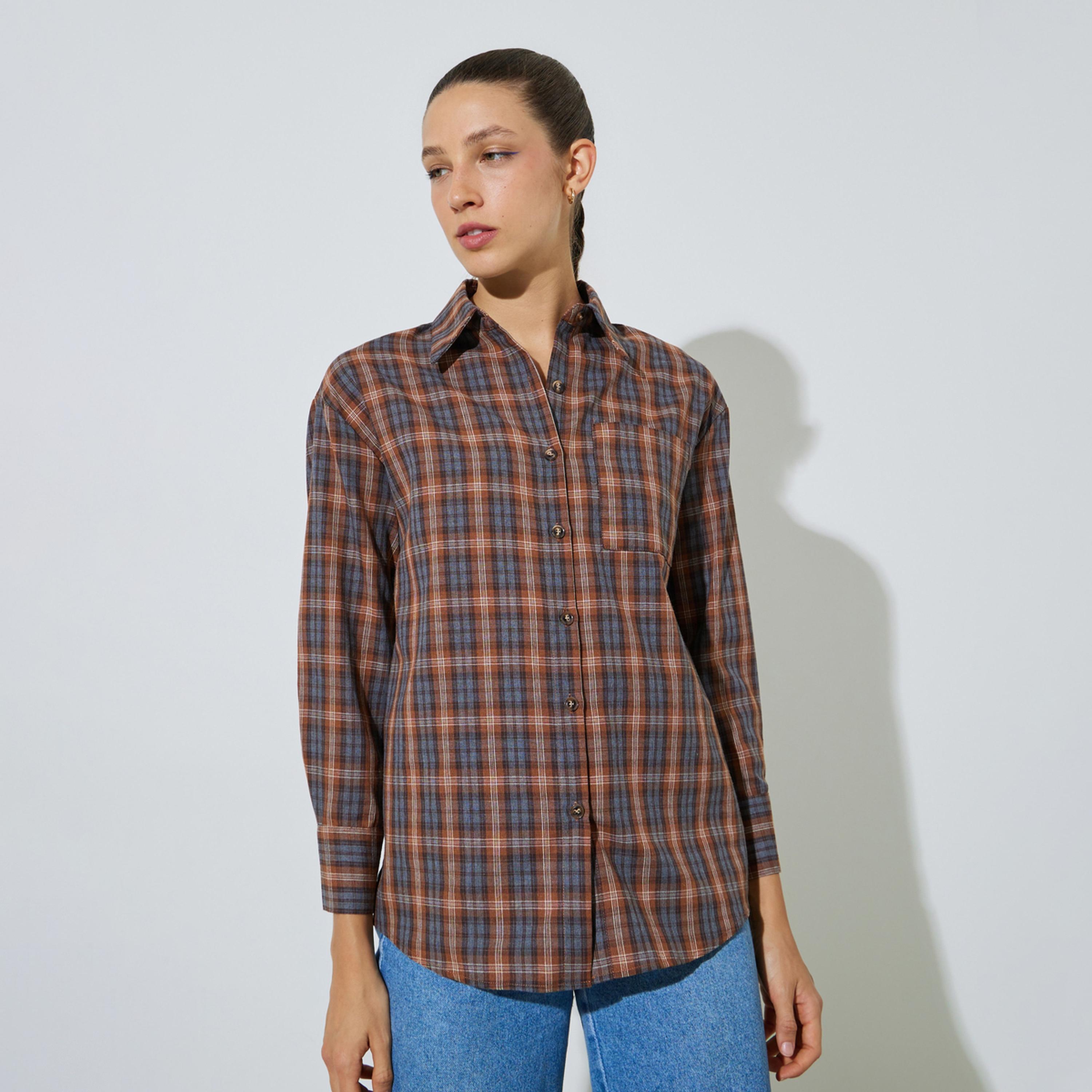 Styli Tan Longline Plaid Oversized Shirt-women-clothing-shirtsandblouses-shirts-image-1