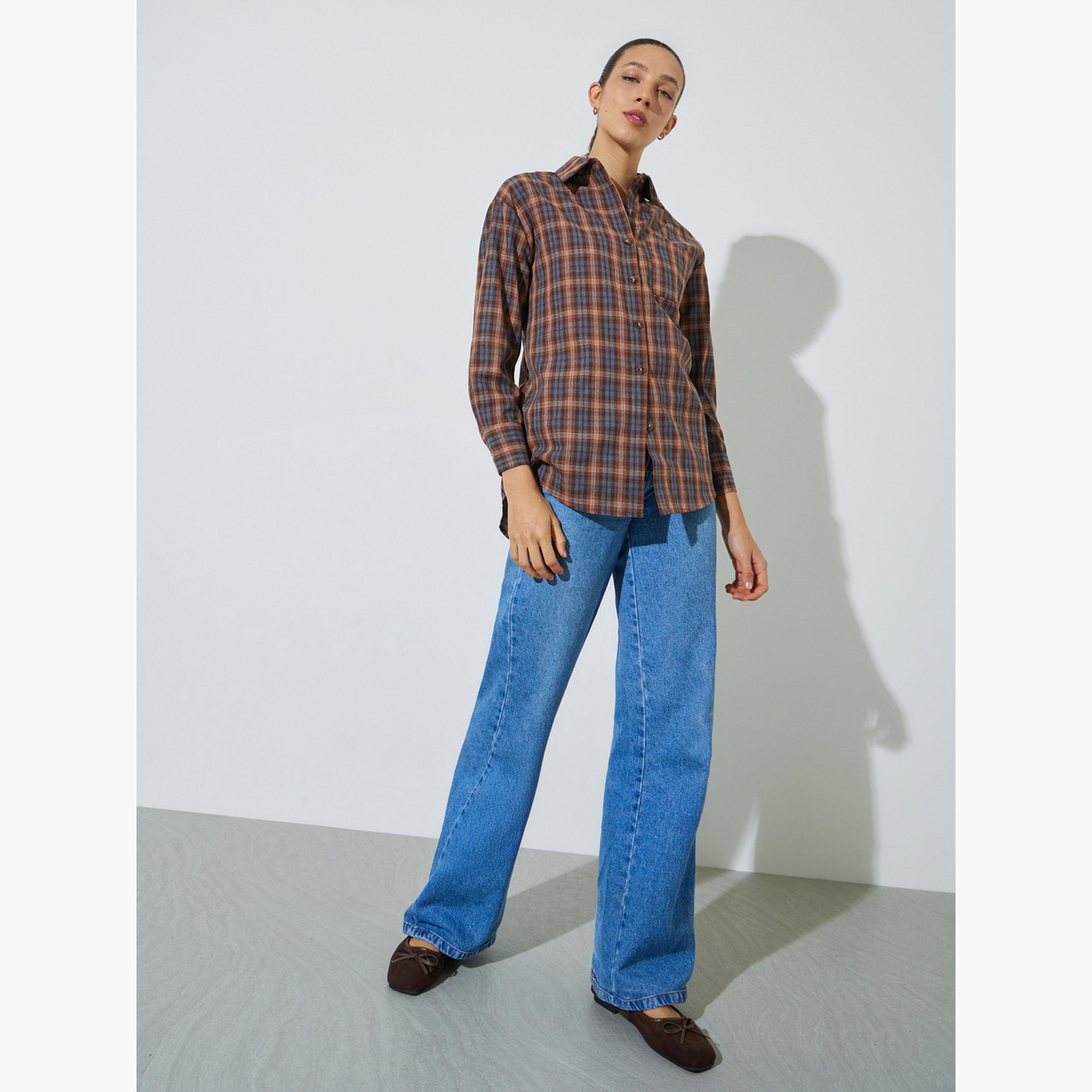 Styli Tan Longline Plaid Oversized Shirt-women-clothing-shirtsandblouses-shirts-image-2