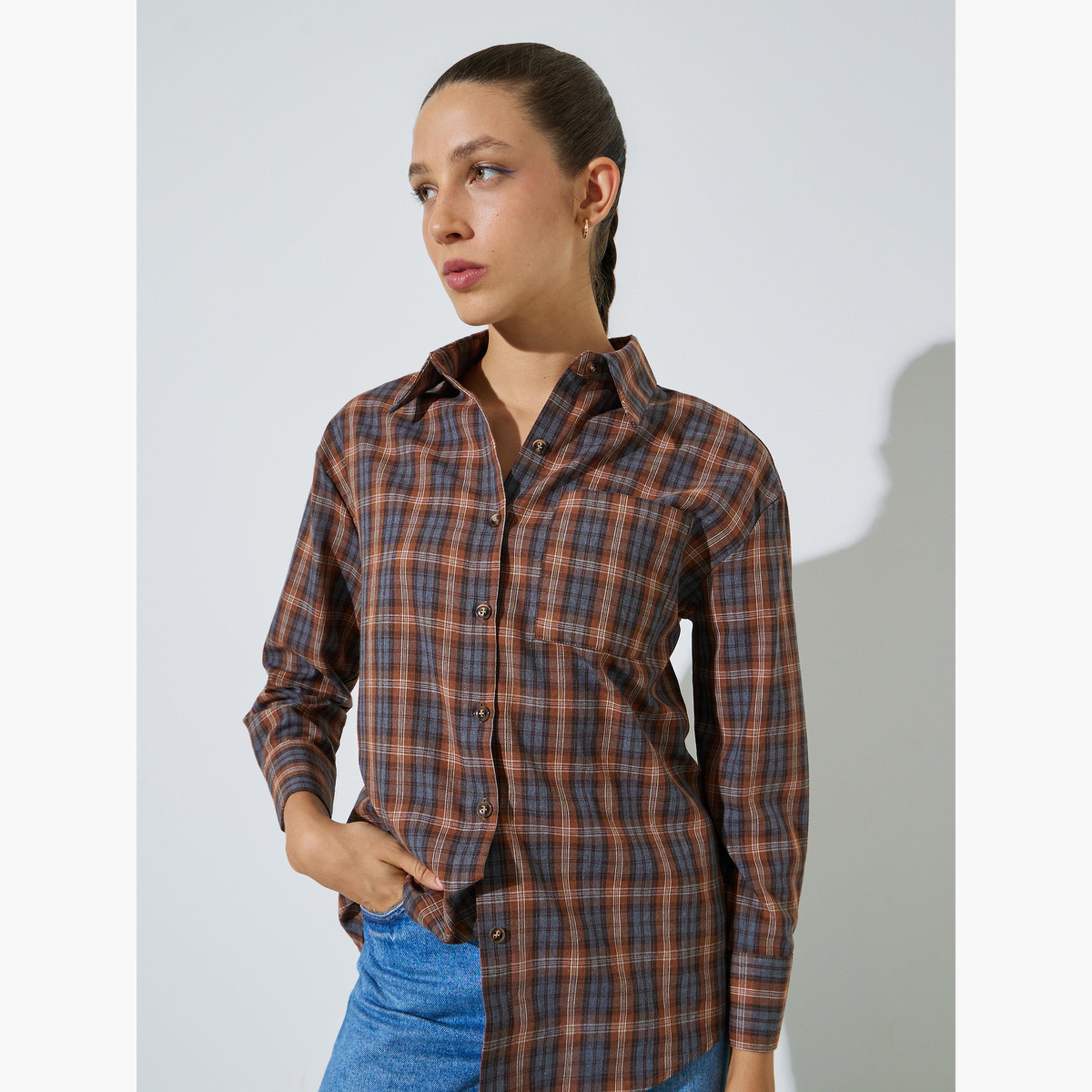 Styli Tan Longline Plaid Oversized Shirt-women-clothing-shirtsandblouses-shirts-image-3